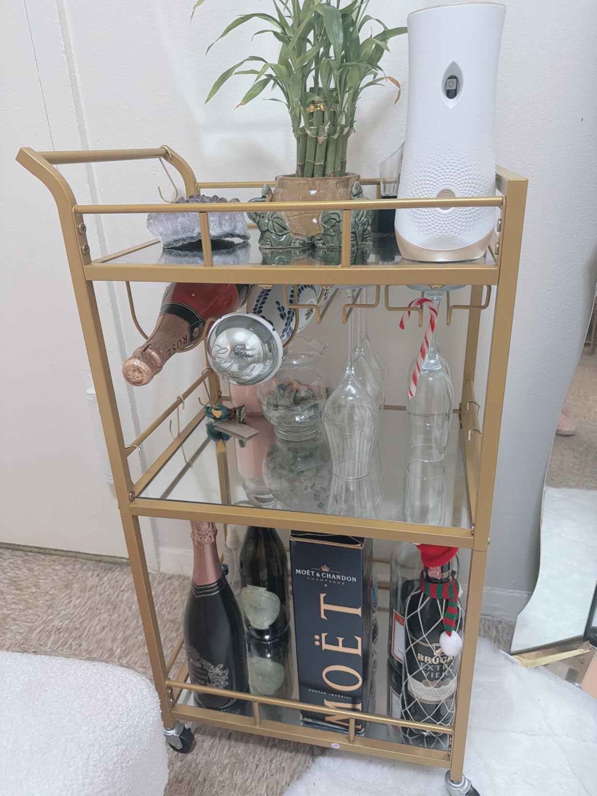 TUTOTAK Bar Cart, Home Bar Serving Cart with 3-Tier Mirrored Shelf, Wine Cart, Mobile Kitchen Shelf, Gold BC01BB034 customer photo 2
