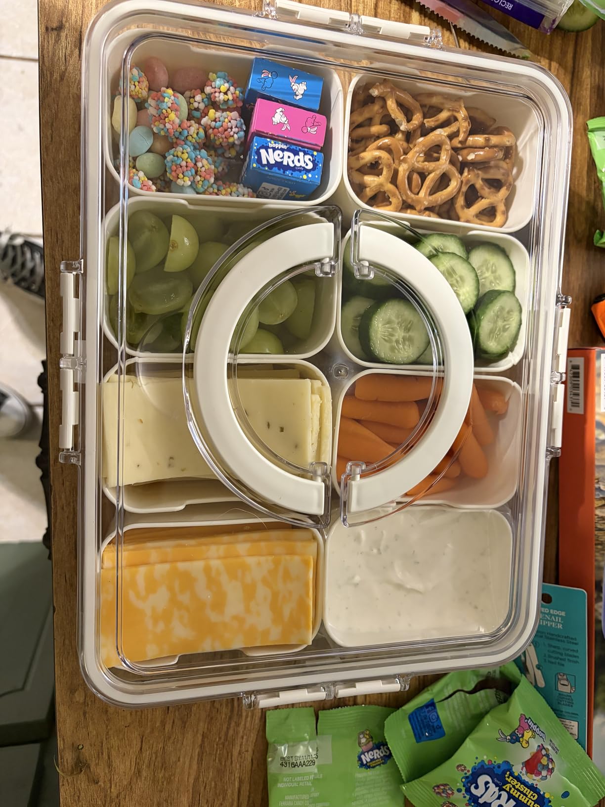 Mfacoy Snackle Box Container, 2 Pack Divided Serving Tray with Lid and Handle, Snack Box Charcuterie Container for Portable Snack Platters, Clear Organizer for Candy, Fruits, Travel, Party, Picnic customer photo 1