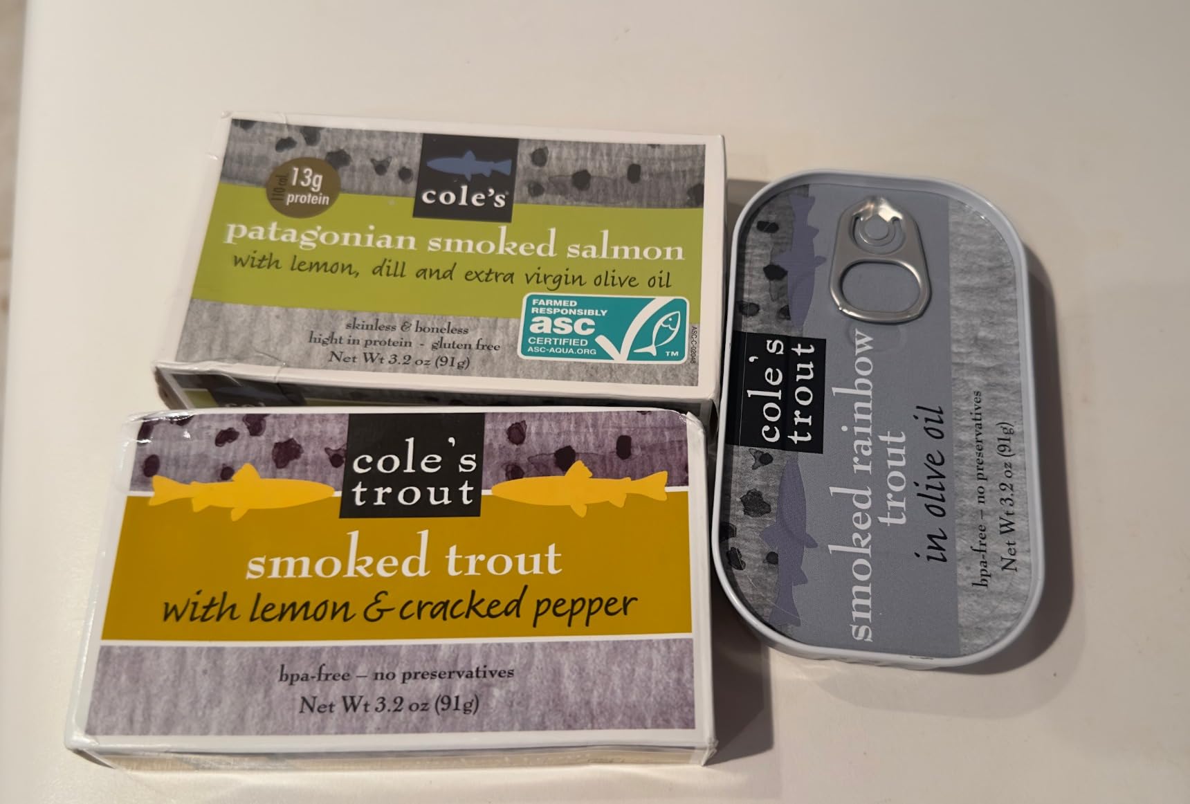 Cole's Patagonian Smoked Salmon & Rainbow Trout Sampler Pack, 3.2oz Cans | Hand-Packed in Extra Virgin Olive Oil & Spices | Canned Salmon & Trout 4 Pack customer photo 1
