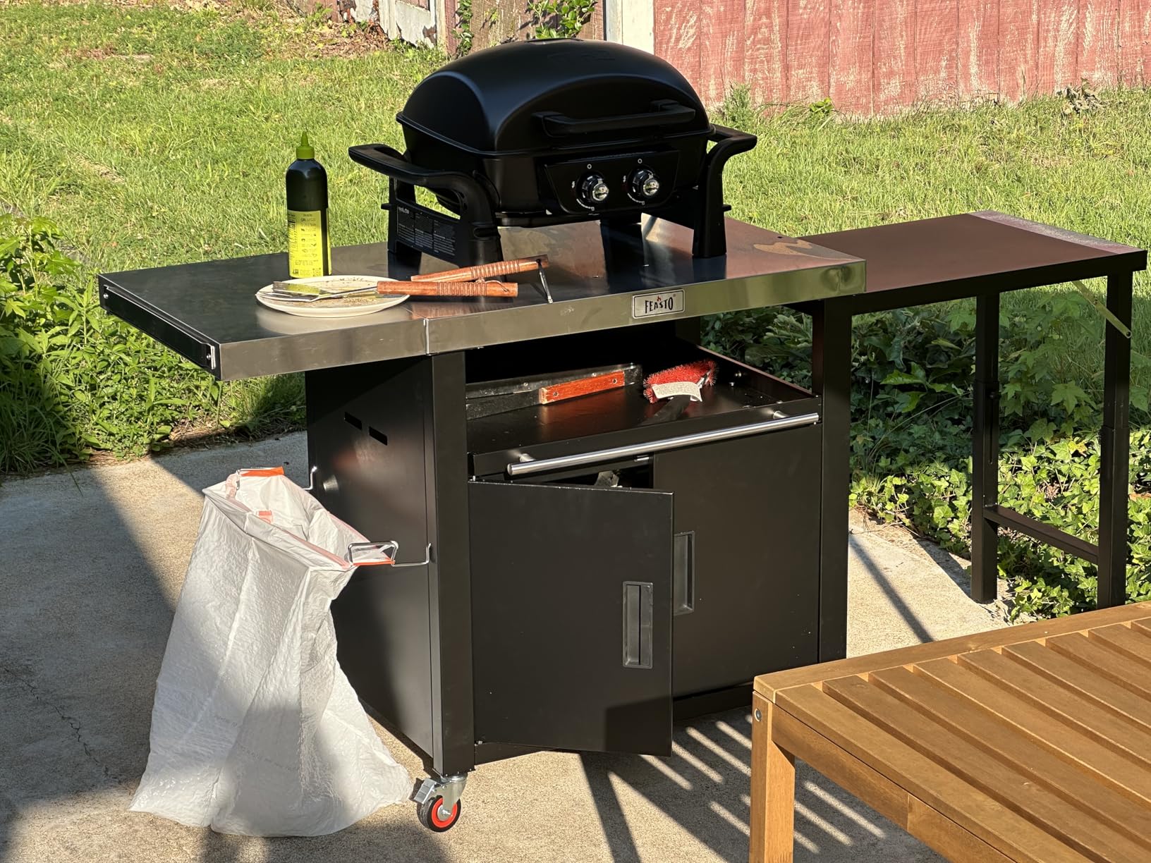Feasto Outdoor Kitchen Island with Cabinet, Outdoor Grill Table with Stainless Steel Top for Pizza Oven & Griddles, Movable Bar Cart with Pull-Out Plate for Parties & Gathering, Heavy-Duty, L74