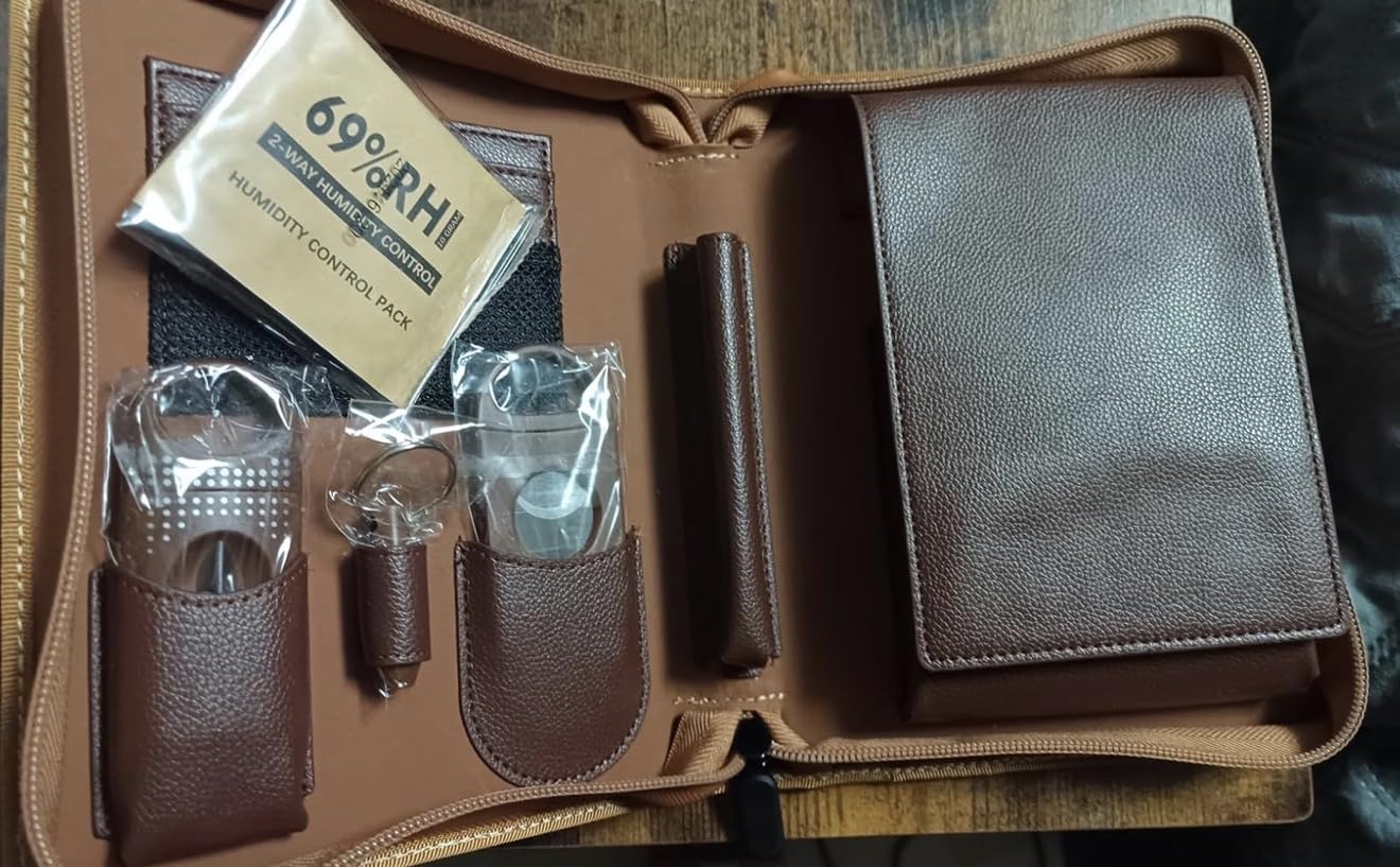 KEJIAR Cigar Humidor Case, Portable Cigar Box with Straight Cutter, V Cutter, Hole Puncher, Humidifier Packs, Travel Humidor and Cigar Accessories Gift Set Leather Cigar Case (Brown) customer photo 1