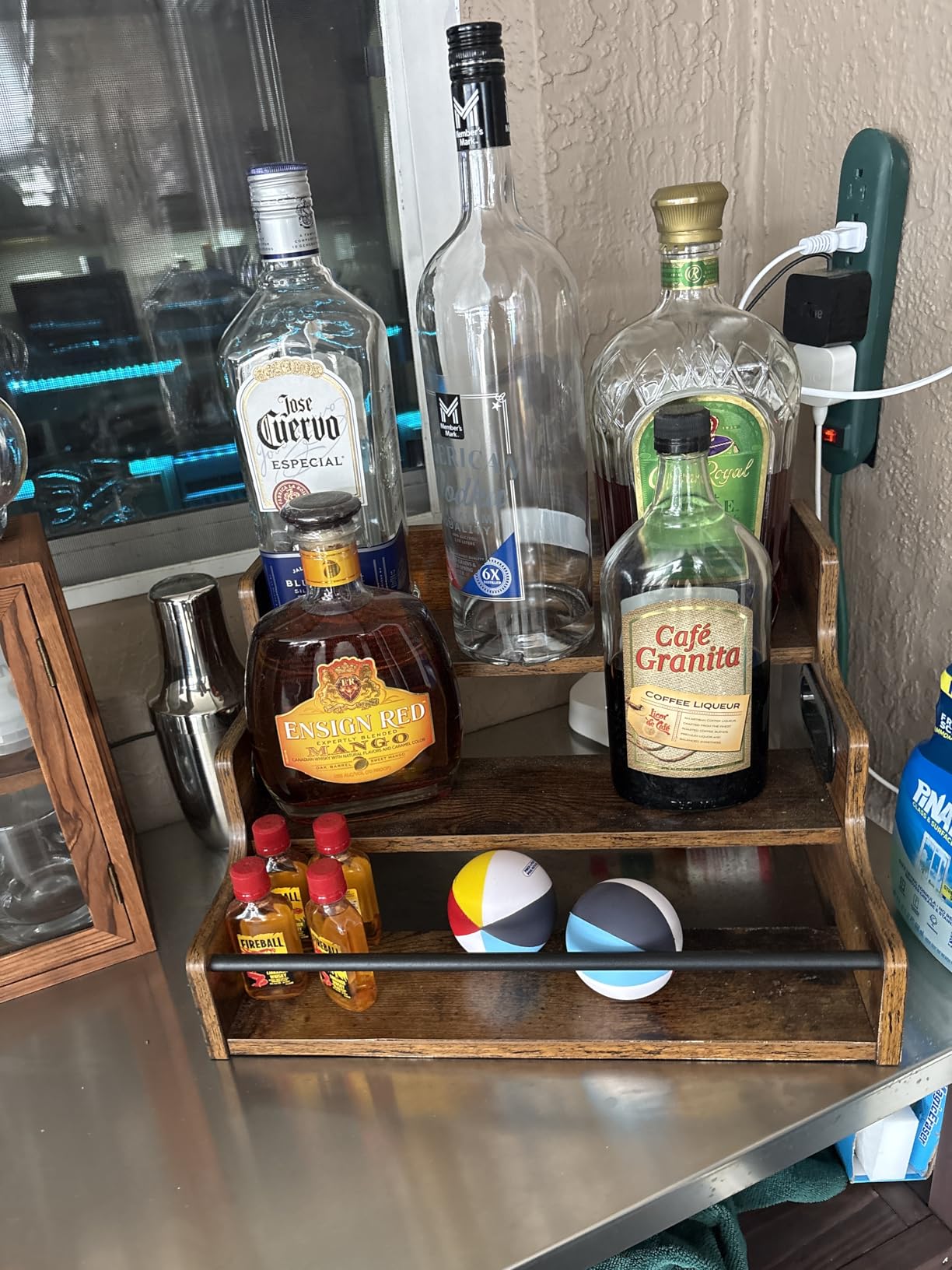 KLM Liquor Bottle Display Shelf, Coffee Syrup Rack Organizer, 3 Step Countertop Liquor Wine Rack, Mini Bar, Liquor Cabinet, Home Retro Bar Shelf Stand for Liquor Whiskey, Spirits customer photo 2