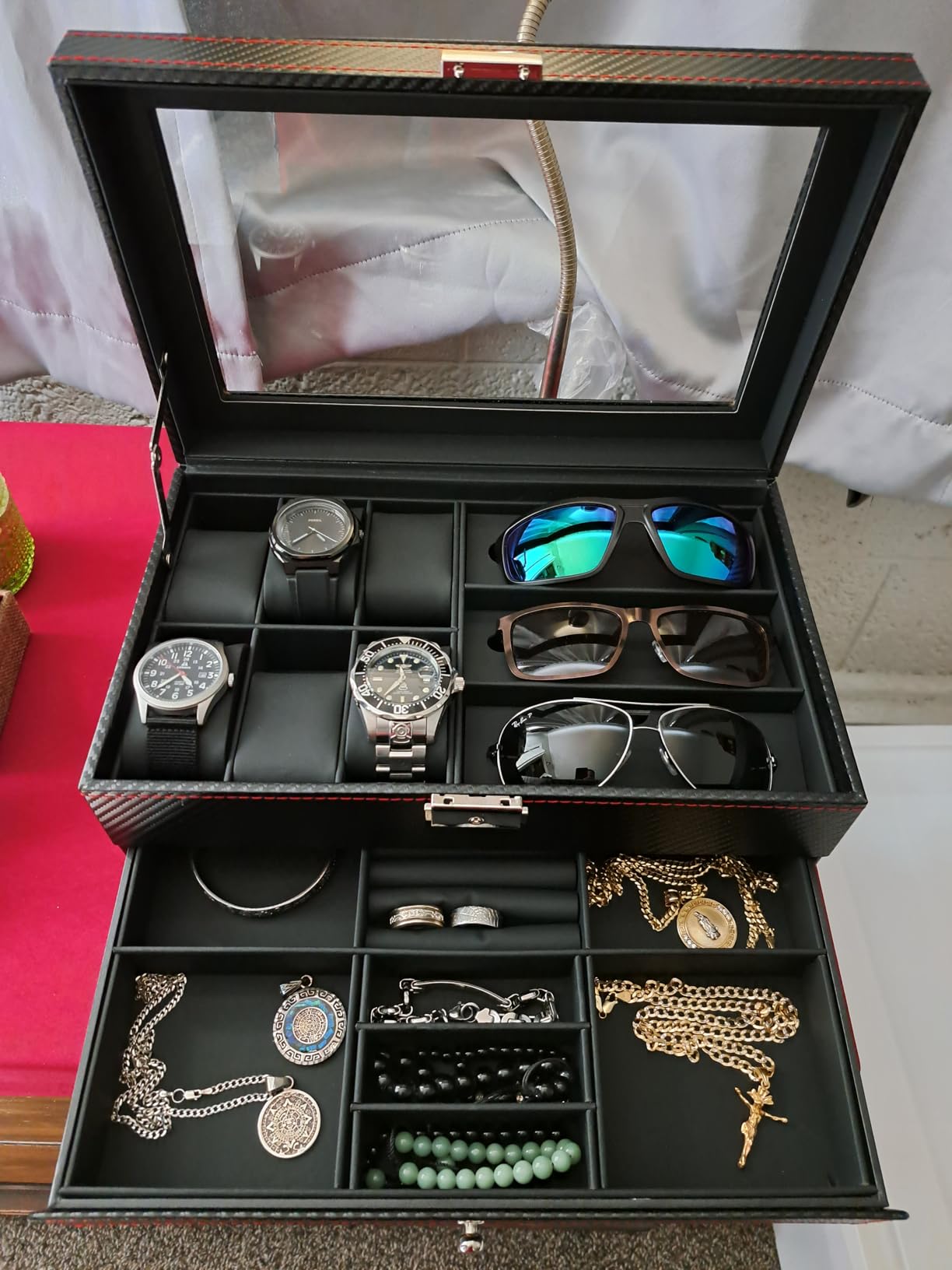 Kukikan Watch Jewelry Box Organizer, 6-Slot 2-Layer Watch Case and Sunglasses Storage with Large Glass Lid, Men's Jewelry Box with Lock, Watch Holder Display Case, Fathers Day Gift for Dad customer photo 2
