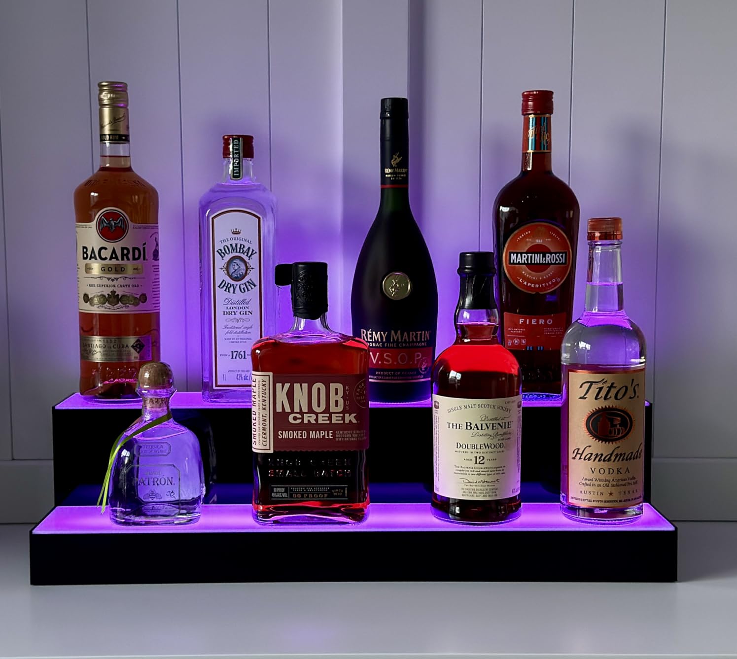 VEVOR LED Lighted Liquor Bottle Display, 3 Tiers 48 Inch Commercial Illuminated Home Bar Shelf, 3 Steps Whiskey Rack Stand, Acrylic Drink Shelves with RF Remote & App Control, and Multicolor Light customer photo 2