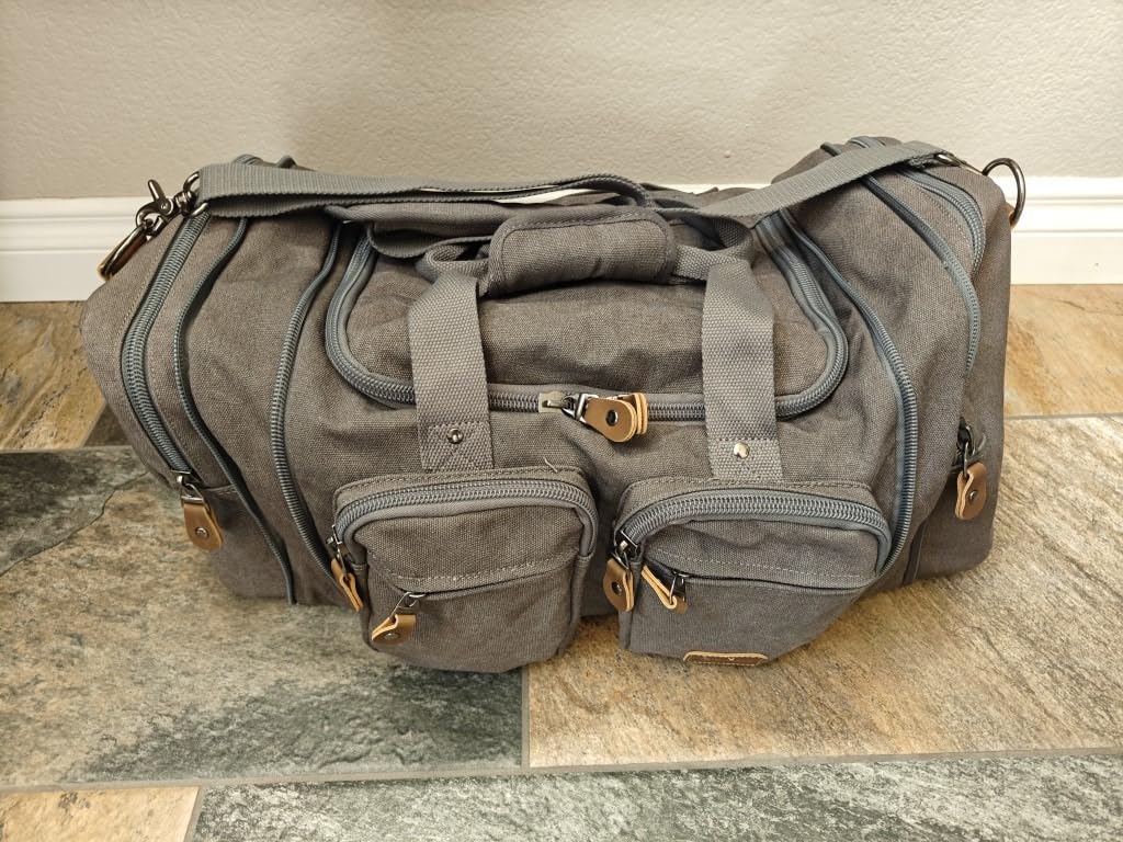 Gonex Canvas Duffle Bag for Travel, Expandable Water Resistant 50L Carry on Duffel Overnight Weekender Gym Bag with Wet Dry Separation Pocket & Suitcase Handle Sleeve, Dark Grey customer photo 2