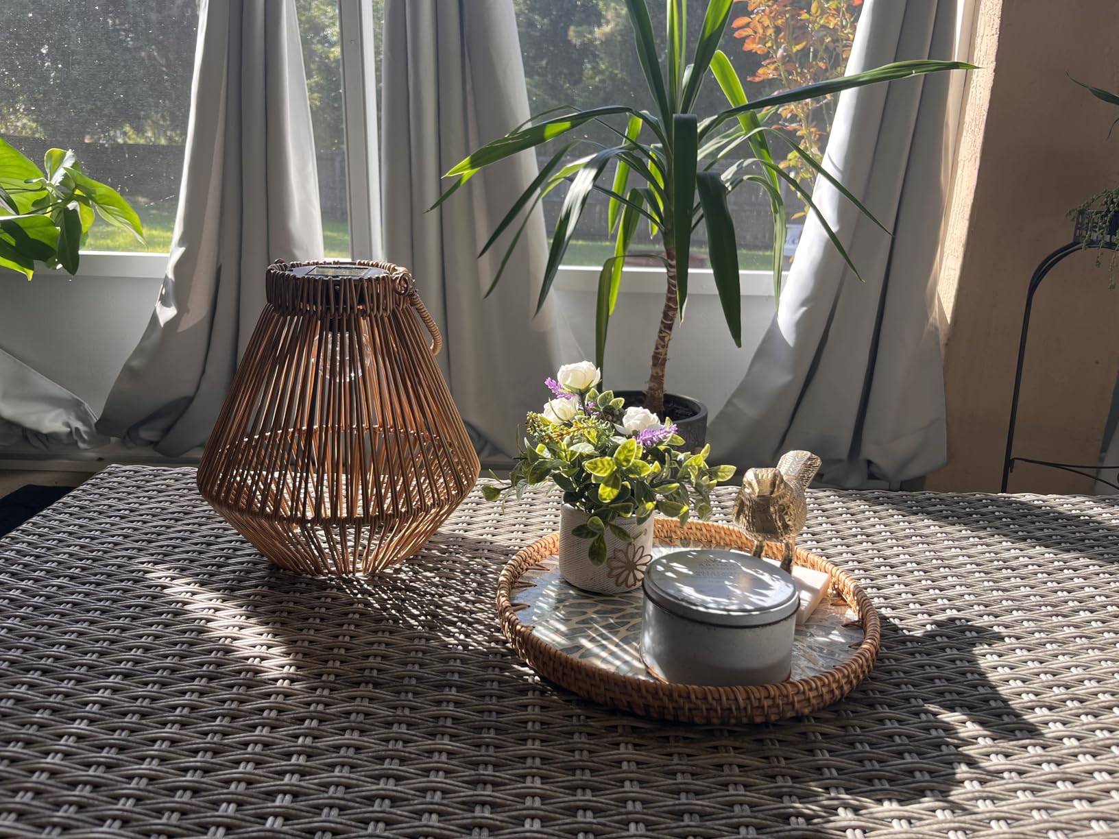 Round Rattan Tray with Mother of Pearl Inlay, Decorative Wicker Serving Tray with Wooden Base, Woven Basket Trays for Bread Fruits Coffee, Leaf customer photo 1