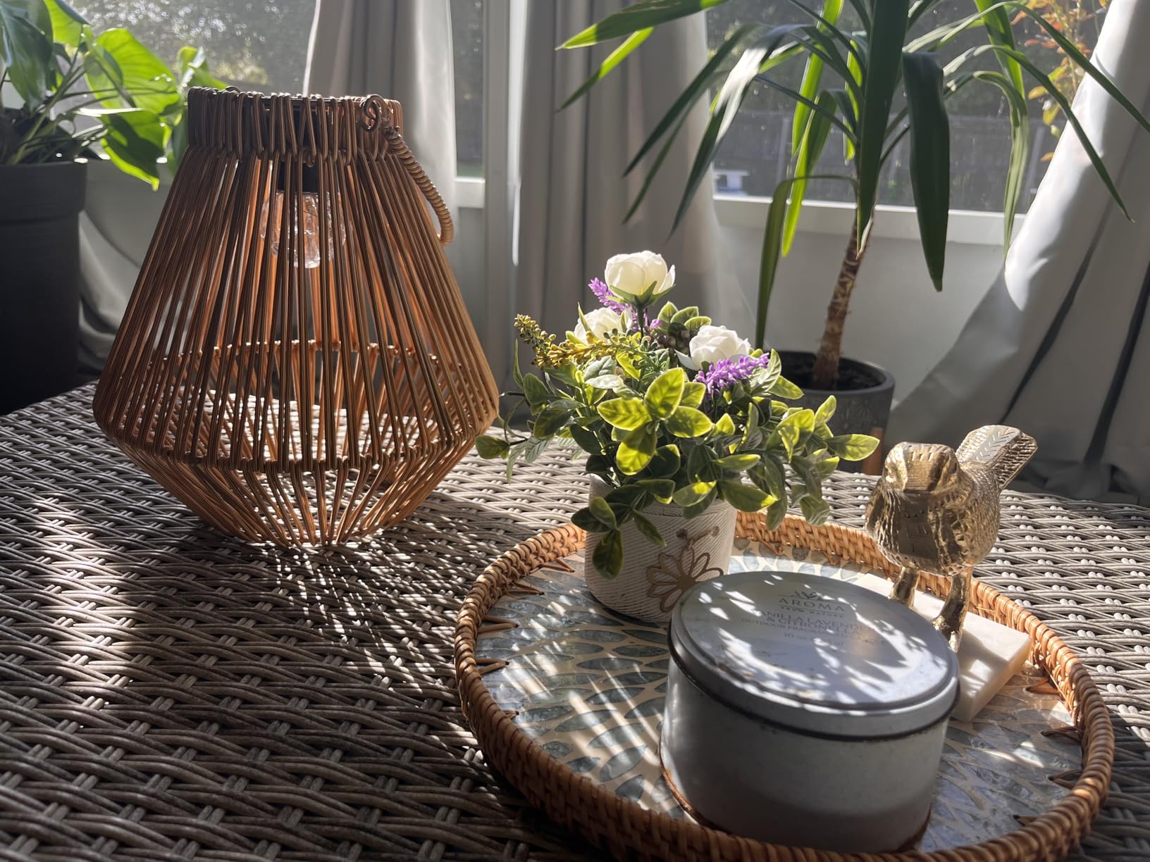 Round Rattan Tray with Mother of Pearl Inlay, Decorative Wicker Serving Tray with Wooden Base, Woven Basket Trays for Bread Fruits Coffee, Leaf customer photo 2