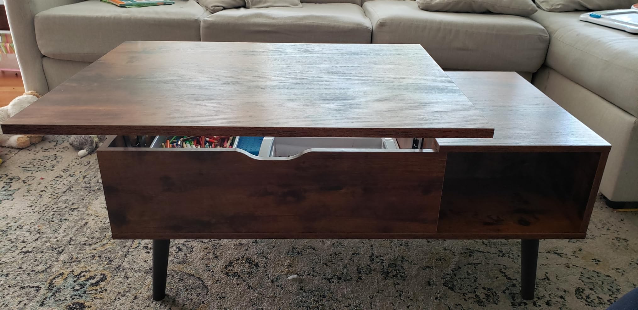 Sweetcrispy Wood Coffee Table Lift Top Coffee Tables for Living Room Office, Small Rising Wooden Center Tables with Large Storage Shelf and Hidden Compartment, Brown customer photo 1