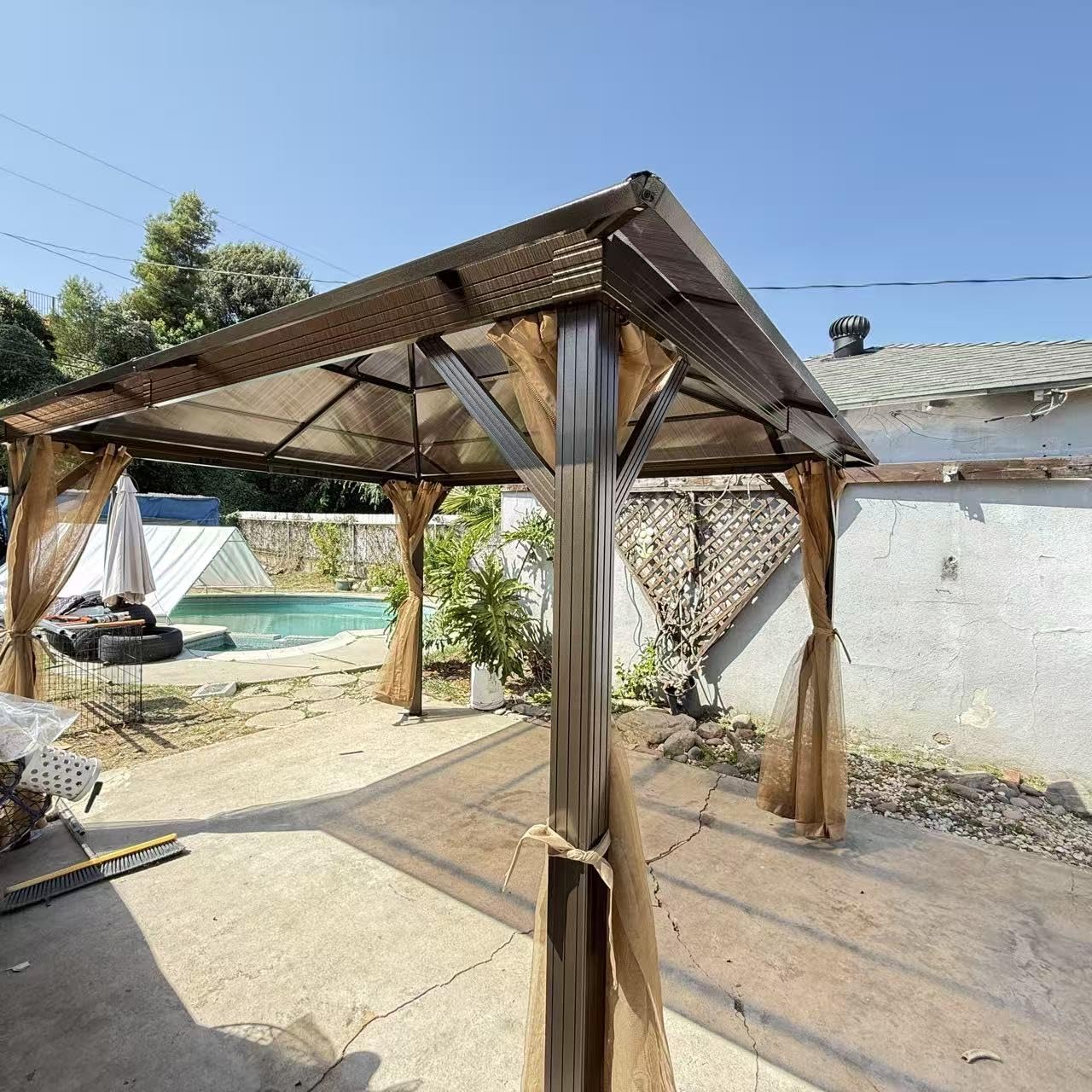 Aoxun 12'x10' Hardtop Gazebo, Aluminum Frame Permanent Pavilion with Curtains and Netting, Outdoor Polycarbonate Double Roof Canopy for Garden, Lawns, Patio, Brown customer photo 1