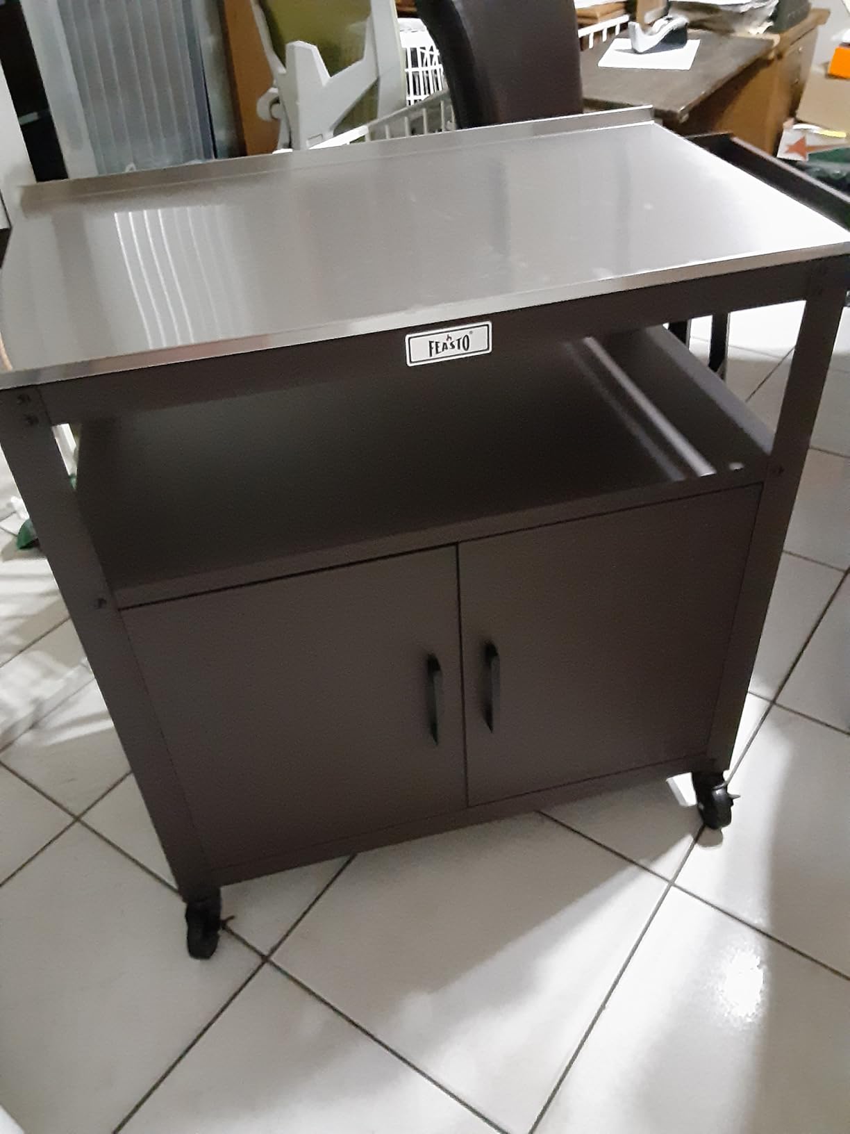 Feasto Outdoor Grill Cart with Stainless Steel Tabletop and Storage Cabinet, Movable Kitchen Island with Wheels for BBQ Food Prep, Brown customer photo 2