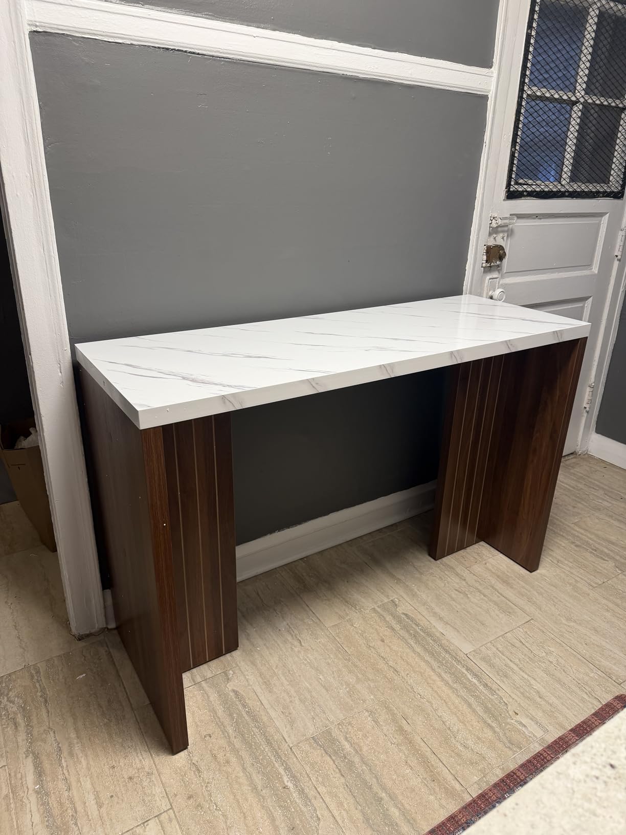 Tribesigns 55.12-Inch Bar Table, Modern Counter Height Pub Table with Faux Marble Tabletop, Rectangular Home Coffee Bar Unit, Walnut & White customer photo 2