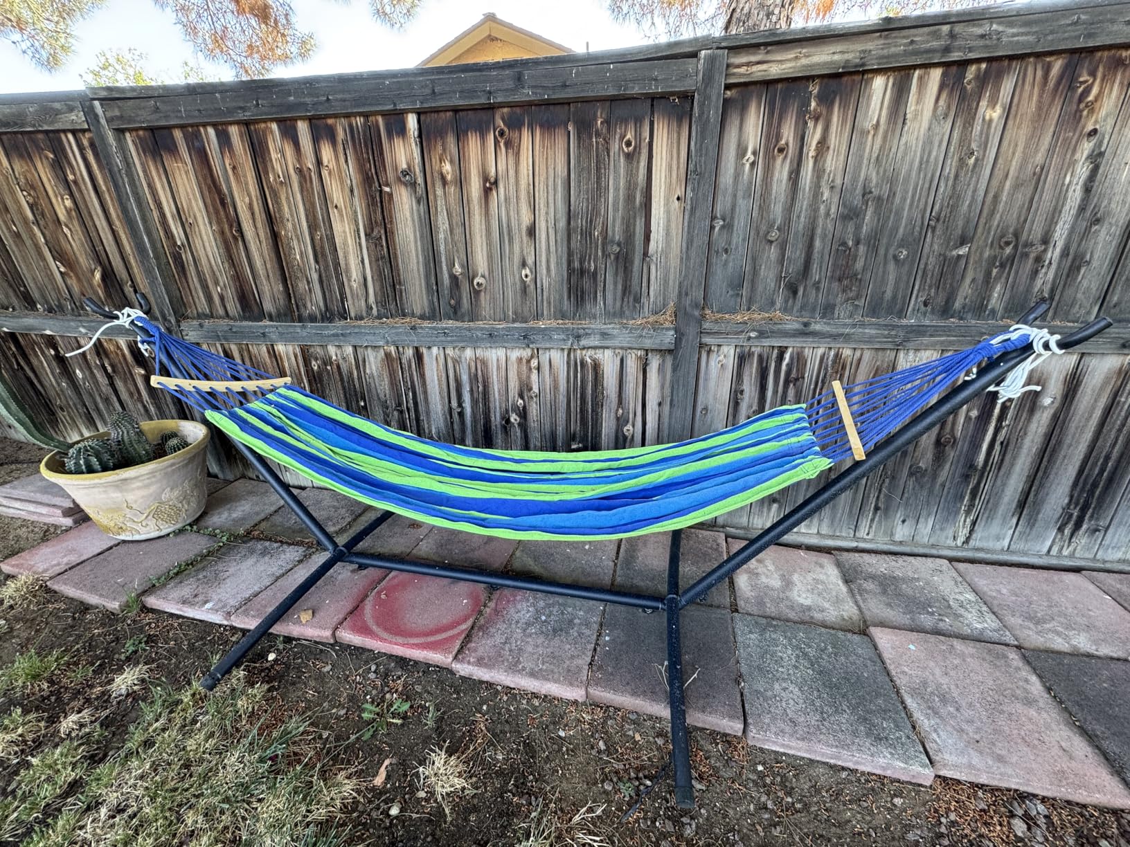 ANAGOO Double Hammock with Stand, 2 Person Hammock with Anti-Rollover Spreader Bar, Adjustable Height Heavy Duty Steel Stand, 500LB Capacity Portable Hammock for Patio Backyard Camping, Wide Blue customer photo 1