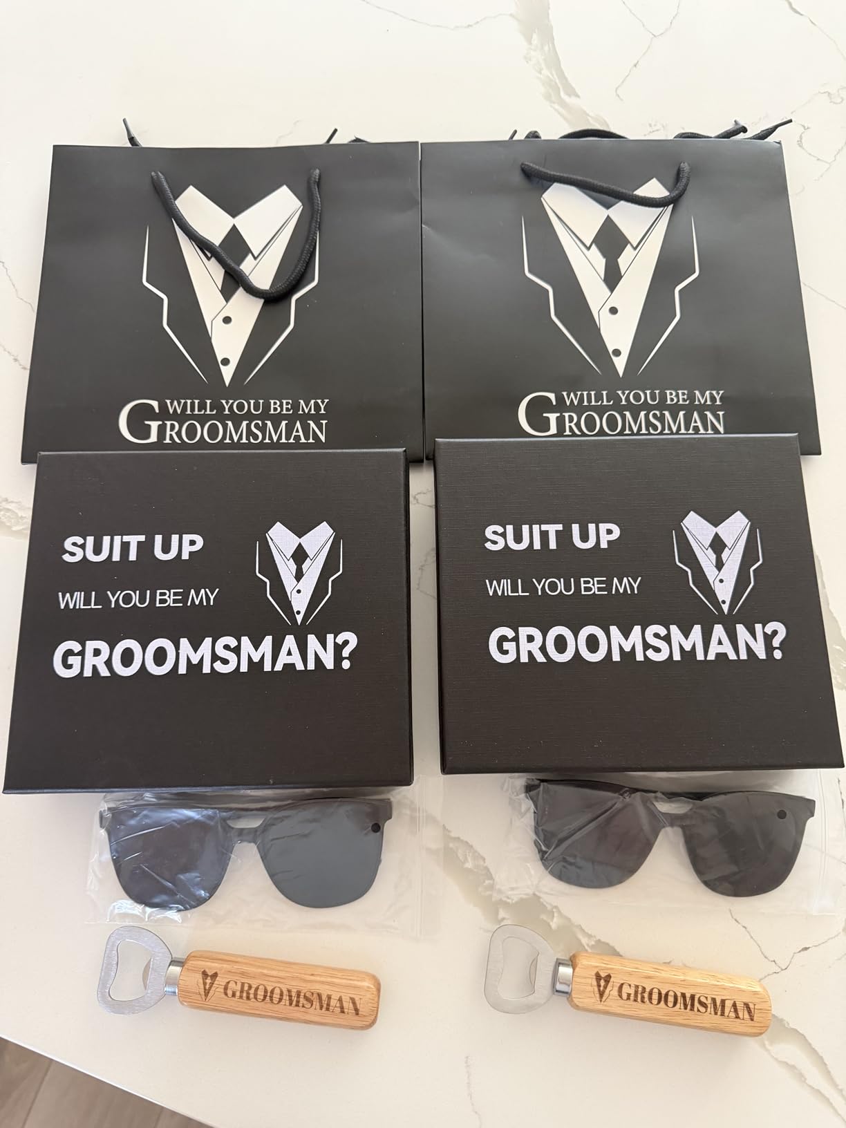 Layhit 40 Pcs Groomsmen Gifts Set of 4 Stainless Steel Shot Glass, Flask, Funnel, Bottle Opener, Pen, Sunglasses, Card, Box, Bag Groomsmen Proposal Box for Wedding Party Present customer photo 1