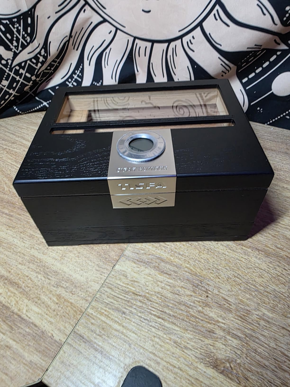 TISFA Cigar Humidor, Cedar Wood Desktop Humidor Box with Digital Hygrometer, Adjustable Humidifier, Accessory Drawer, Divider, Cigar Length Measurement, Glass Top Storage Holder Cigar Case (Black) customer photo 1