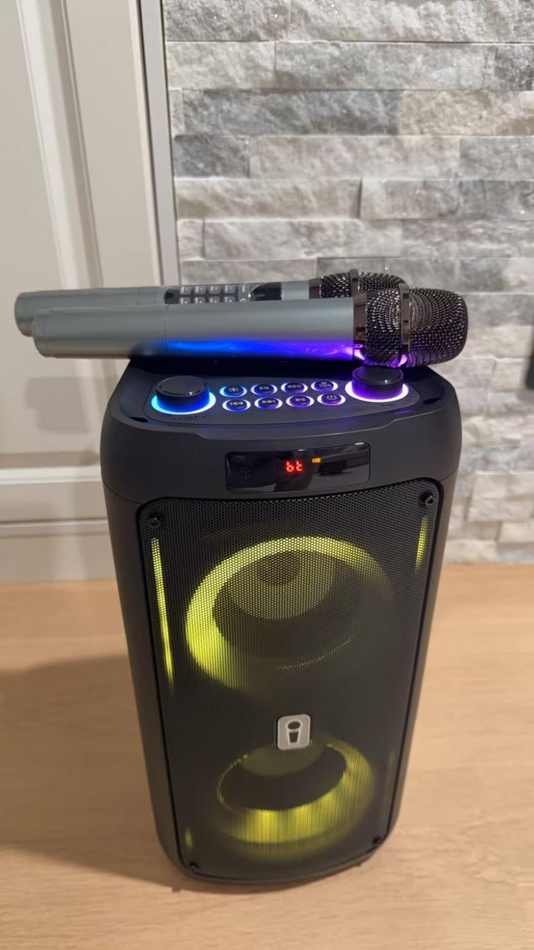 Karaoke Machine, Portable Outdoor Speaker with 2 Wireless Microphones, PA System with LED Lights for Camping, Beach, Party, Supports USB/TF/REC/AUX, 6000mAh Battery, Ideal Gifts for Adults customer photo 2