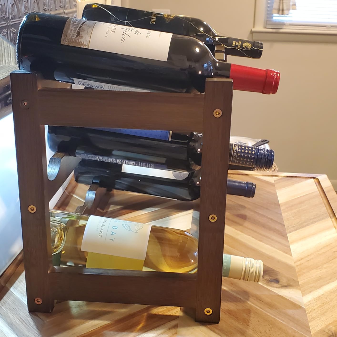 Bamboo Wine Rack, 3-Tier 12 Bottles Wine Storage Cabinet Shelf, Easy-Assembly Freestanding Bamboo Wine Racks Countertop for Kitchen Pantry Dining Room Bar, Walnut customer photo 1
