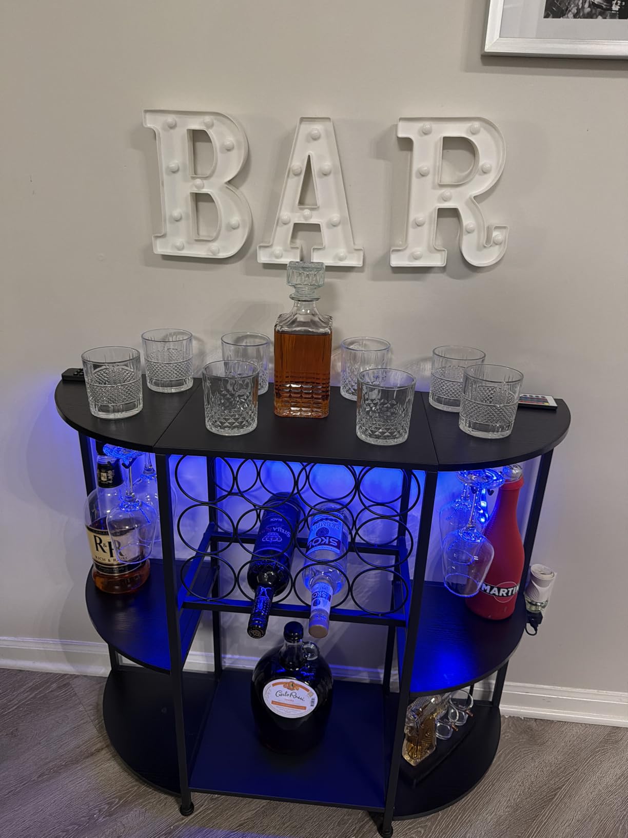 JKsmart Wine Bar Cabinet with LED Lights, Mini Wine Bar Cart with Storage and Glass Holder, Home Bar Coffee Bar for Liquor, 3-Tier Bar Table for Kitchen, Dining Room, Living Room, Black customer photo 1