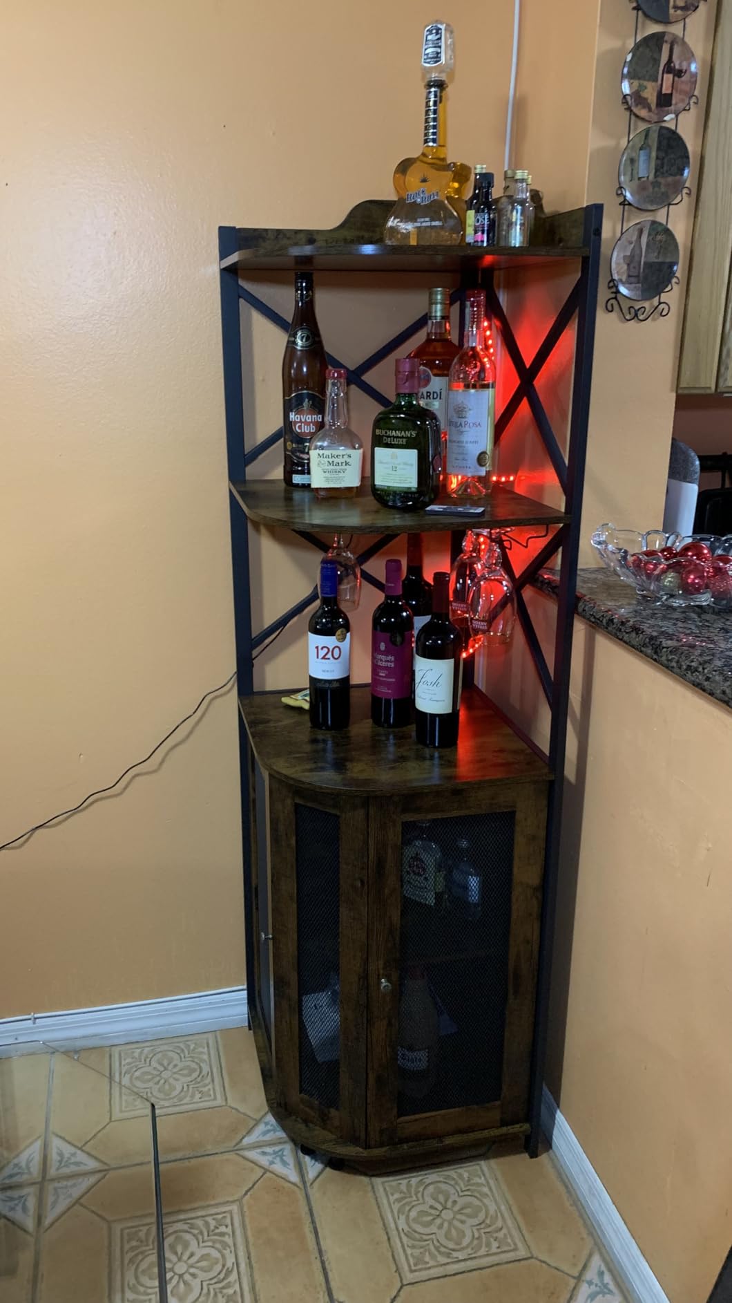 JKsmart Corner Bar Cabinet with LED Lights, 5-Tier Industrial Wine Bar Cabinet with Glass Holder, Farmhouse Liquor Cabinets with Shelf and Door, Home Bar for Coffee Bars, Black customer photo 1