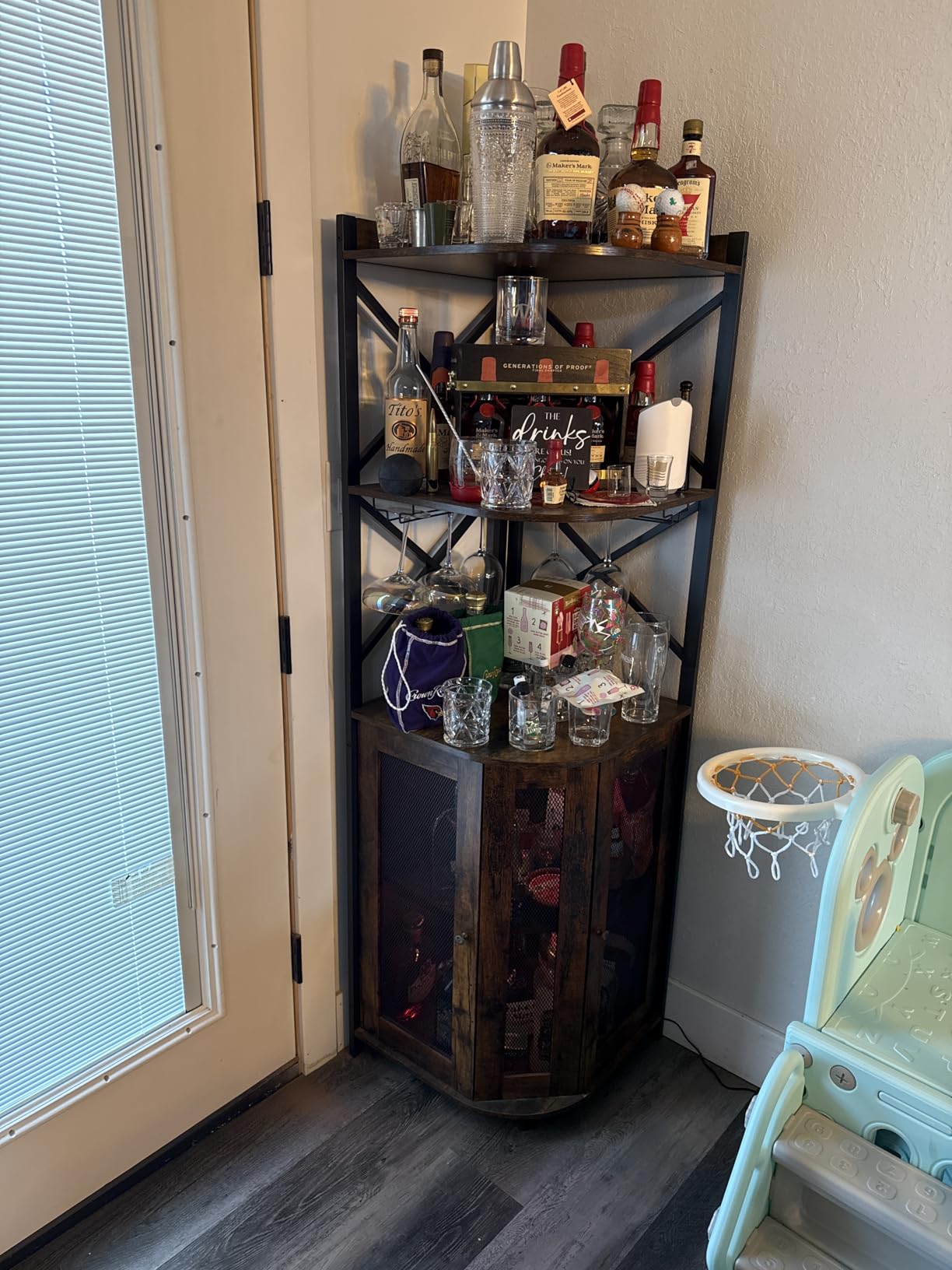 JKsmart Corner Bar Cabinet with LED Lights, 5-Tier Industrial Wine Bar Cabinet with Glass Holder, Farmhouse Liquor Cabinets with Shelf and Door, Home Bar for Coffee Bars, Black customer photo 2