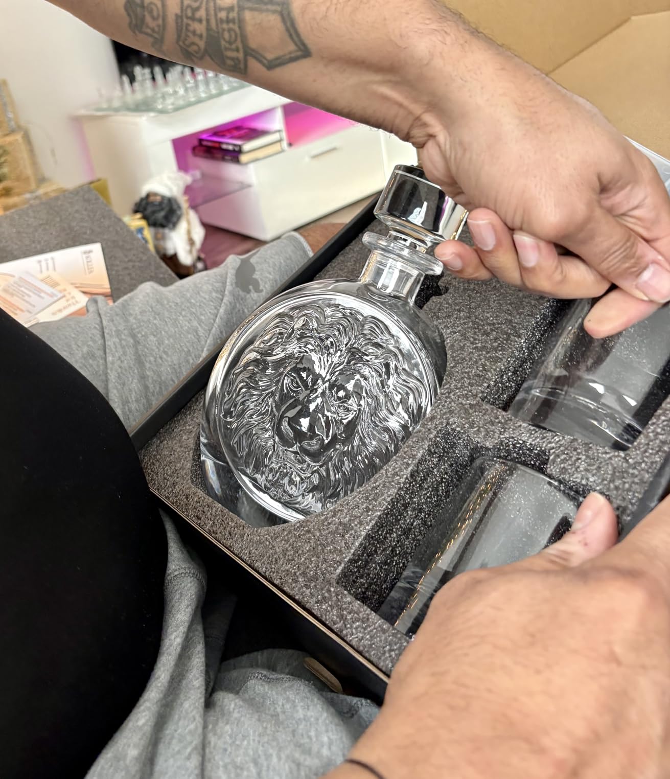 Engraved Lion Whiskey Decanter Set Gift for Men, Including 2 Lion-Engraved Shot Glasses & 2 Whiskey Ice Balls, Unique Christmas Birthday Gifts for Men Dad Husband, Cool Whiskey Set for Husband Brother customer photo 1