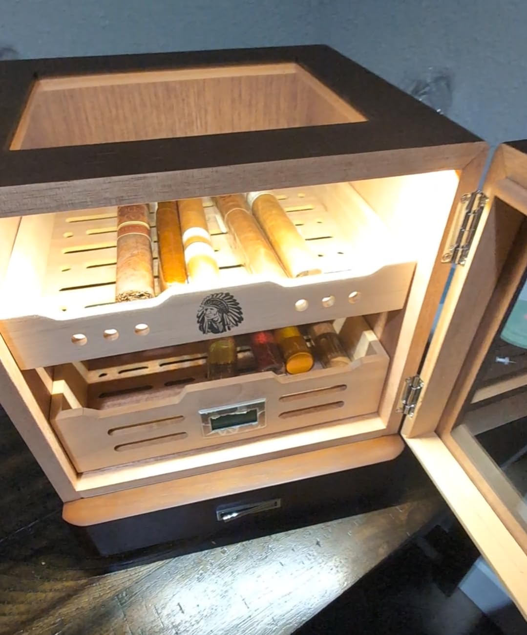 XIFEI Cigar Humidor Cabinet, Glass Top & Adjustable LED Lighting, Digital Hygrometer, 2 Humidifiers, Cigar Tube, Desktop Cedar Wood Humidor with Accessory Drawer for 80-100 Cigars, Ideal Men's Gift customer photo 1