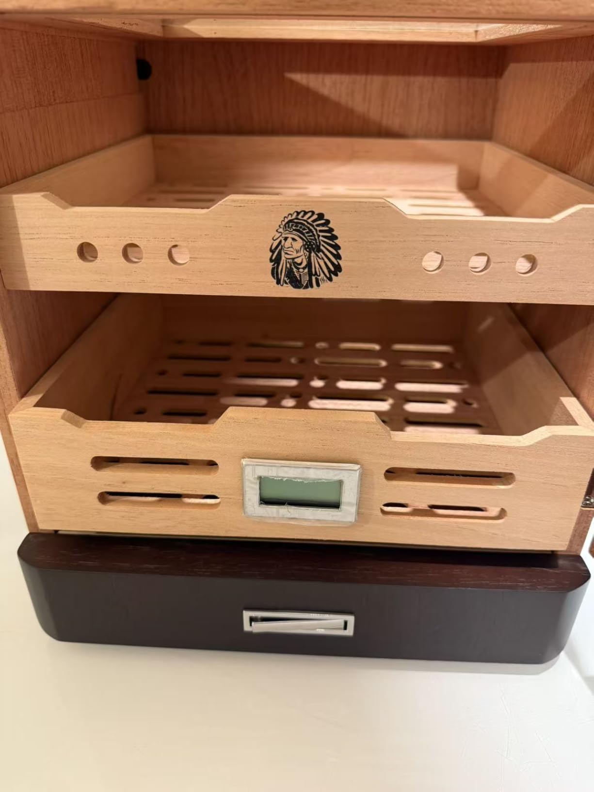 XIFEI Cigar Humidor Cabinet, Glass Top & Adjustable LED Lighting, Digital Hygrometer, 2 Humidifiers, Cigar Tube, Desktop Cedar Wood Humidor with Accessory Drawer for 80-100 Cigars, Ideal Men's Gift customer photo 2