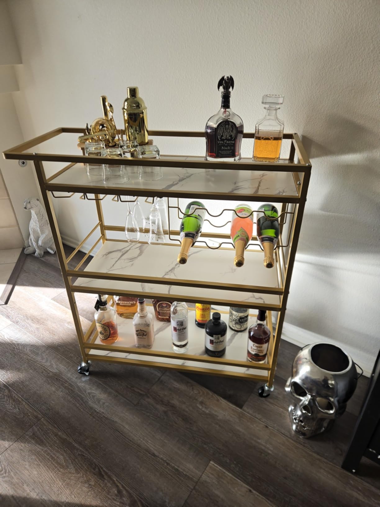 Leteuke Bar Cart for Home, 3 Tier Gold Serving Rolling Carts with Wheels, Drink Cart, Liquor Stand with Marbled Wooden Shelves, Wine Rack and Glass Holder for Kitchen, Dining Room customer photo 1