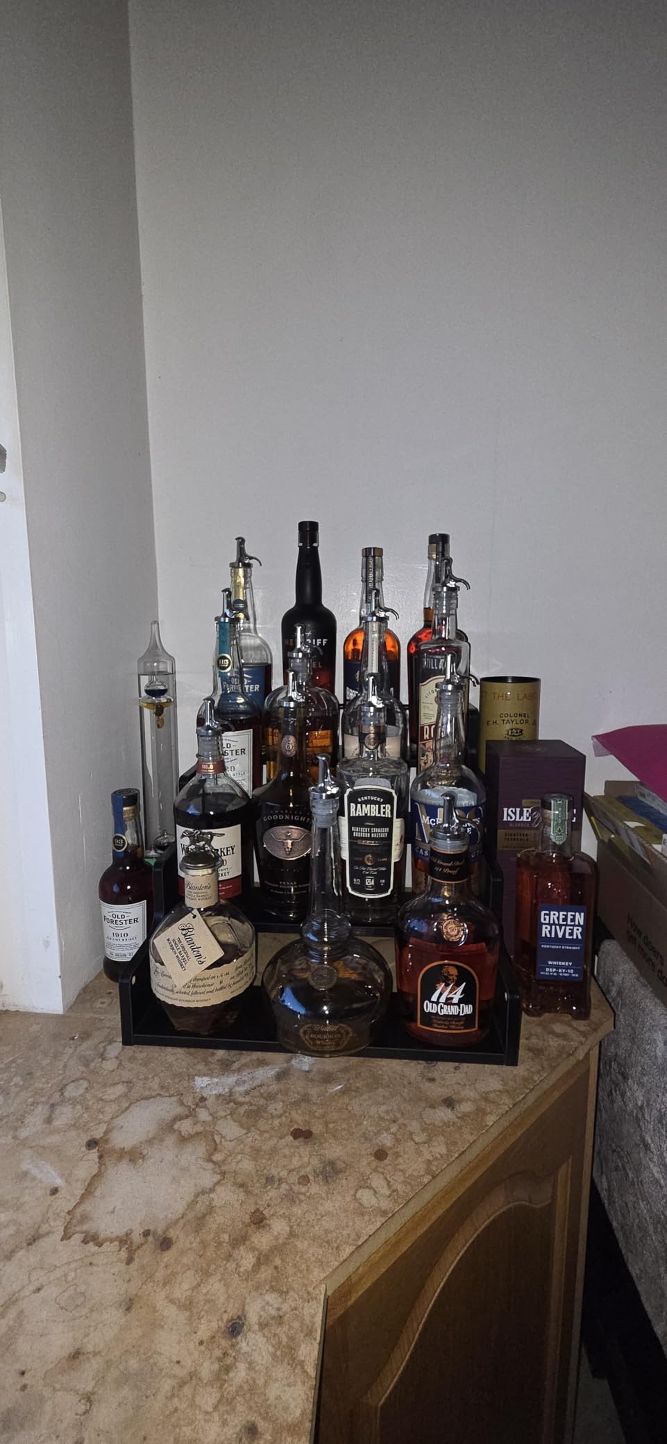 YQBRAO 4-Tier Tiered Liquor Bottle Display Shelf - 16-Inch Rustic Wood Liquor Rack & Coffee Syrup Organizer - Heavy-Duty Countertop Spice Rack with Guardrails & Handles for Bar, Kitchen, Office customer photo 1
