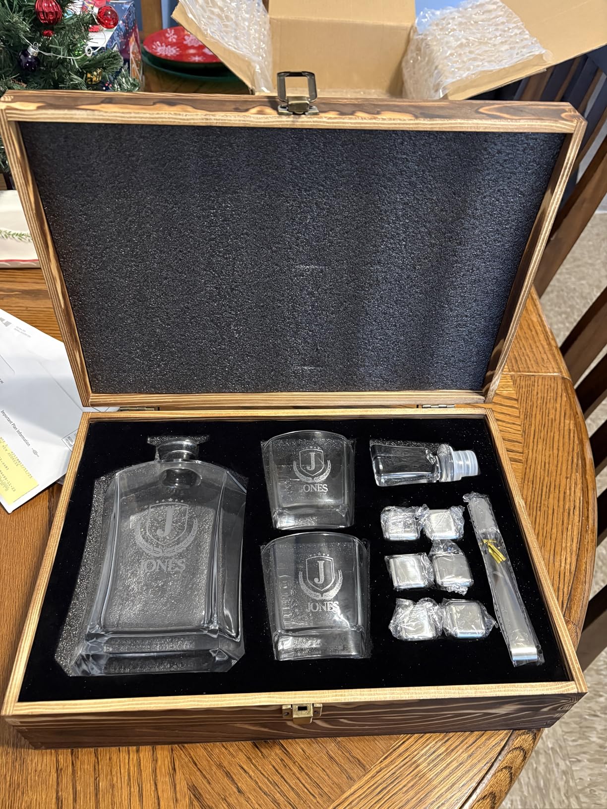 Custom Engraved Monogram Premium Whiskey Decanter Gift Set - 23 oz Liquor/Bourbon Decanter with Glasses, Whiskey Stones, Tongs & Wood Box Gift for Men customer photo 2