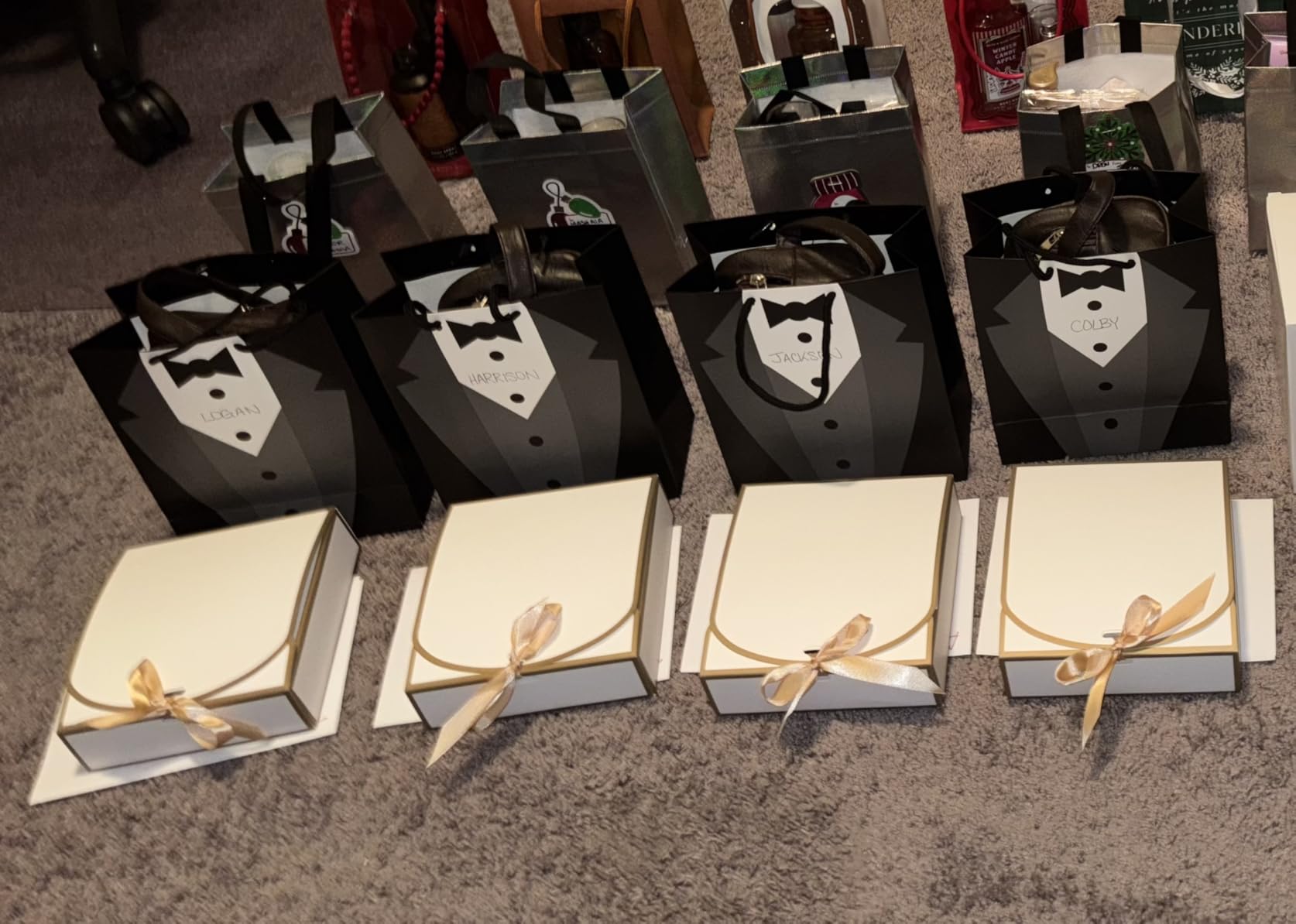 Set 4 Groomsmen Proposal Gifts - Groomsmen Gift Boxes with Leather Bag, Tuxedo Flask, Funnel, Shot Glasse, Poker Card Bottle Openers, Sunglasses, Pen, Bracelet, Card & Gift Bags for Wedding Party customer photo 1