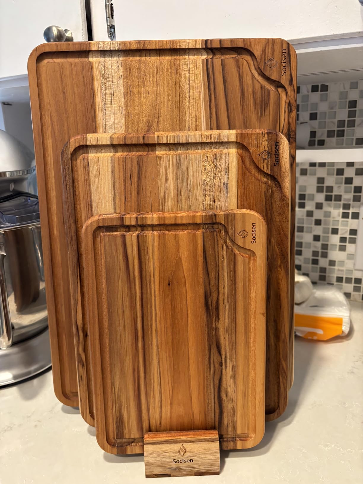 3 Pack Teak Wood Cutting Board Set for Kitchen Charcuterie Board Serving Heavy Duty Non Toxic Slip Over Sink Solid Thick Haus Wooden Chopping Board Large Big Small Meat Best Kitchen Mother Gift customer photo 1