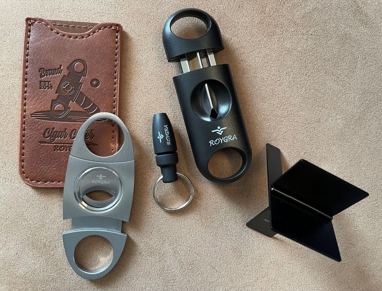 roygra Cigar Cutter Set (5 Pack), Cigar Accessories for Men Fit All Cigars - Stainless Steel Guillotine, Enlarged V-Cut, Punch, Holder Stand, Leather Case - Smoking Accessories, Portable Sharp Cut customer photo 2