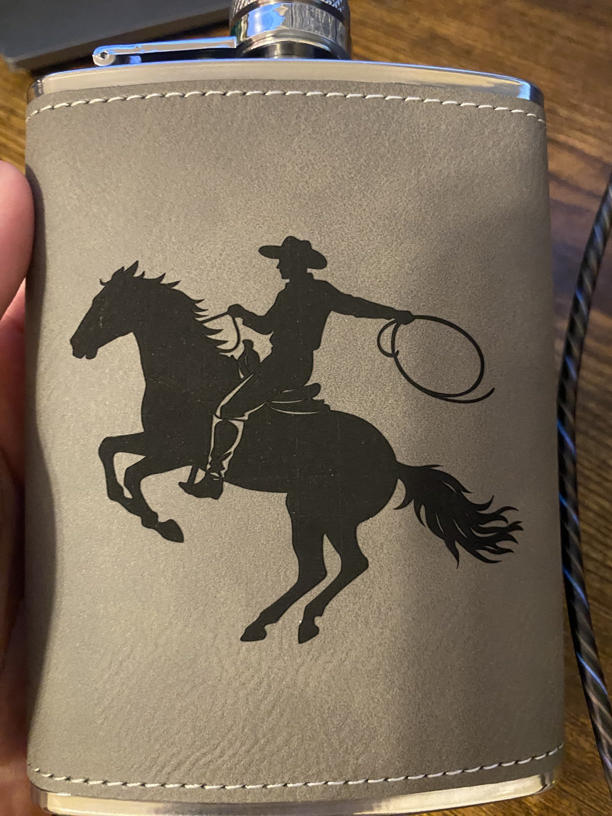 Cowboy Style Leather Hip Flask - 8oz Stainless Steel Flask with Western Engraving & PU Leather Wrap, Leakproof Pocket Flask for Whiskey, Bourbon, Gifts for Men customer photo 1