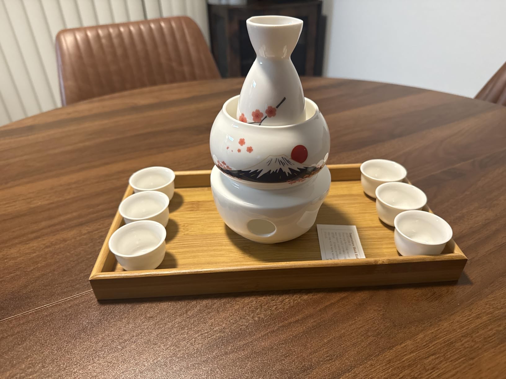 DUJUST 10 pcs Japanese Sake Set with Warmer for 6, Sakura & Fuji Design Porcelain Sake Set, 6 Sake Cups, 1 Bottle, 1 Warmer, 1 Candle Stove, 1 Tray & 1 Box, Warm Sake Carafe, Japanese Gifts - Black customer photo 1