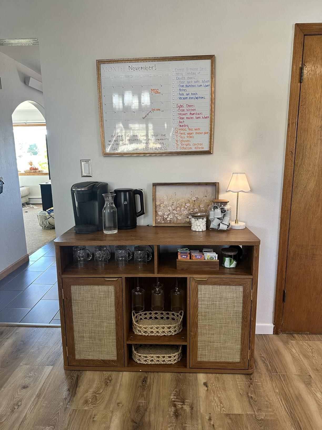Lerliuo Rattan Wine Cabinet with 2 Doors, Boho Liquor Cabinet with Wine Racks, Farmhouse Coffee Bar Station for Living Room, Dining Room, Kitchen, Natural Wood customer photo 2