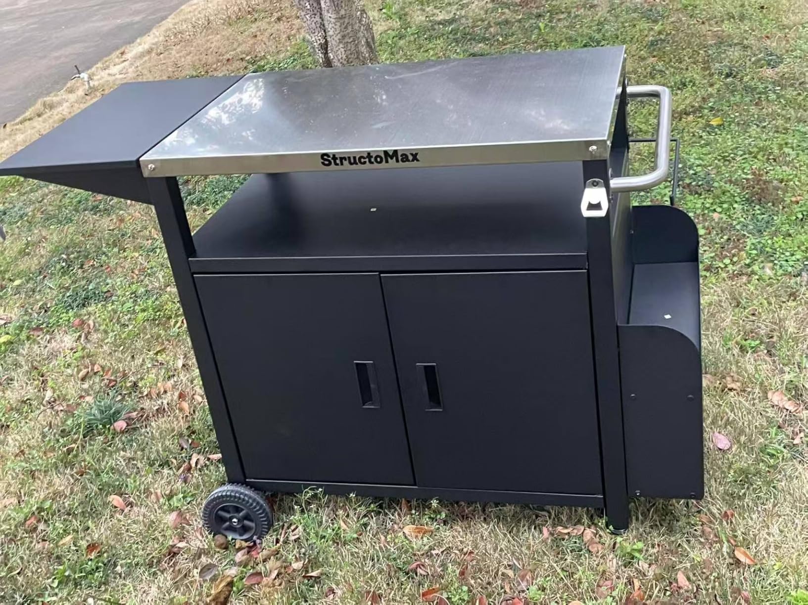 XL Outdoor Grill Cart with Cabinet, Extra-Wide Stainless Steel Table Top, Large Spice Rack & Lockable Wheels, Outdoor Kitchen Island Grill Table for BBQ, Cooking & Prep customer photo 1