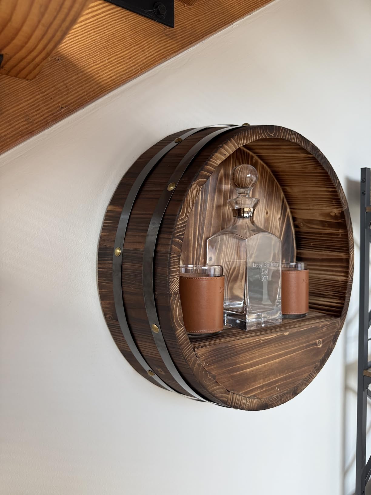 Colingmill 17.7 x 5.9 in Whiskey Barrel Shelf Rustic Wall Mounted Bourbon Wooden Floating Hand Wine Rack Oak Barrel Wine Bottle Holder Display Stand Vintage Bar Home Decor(Dark Brown) customer photo 1