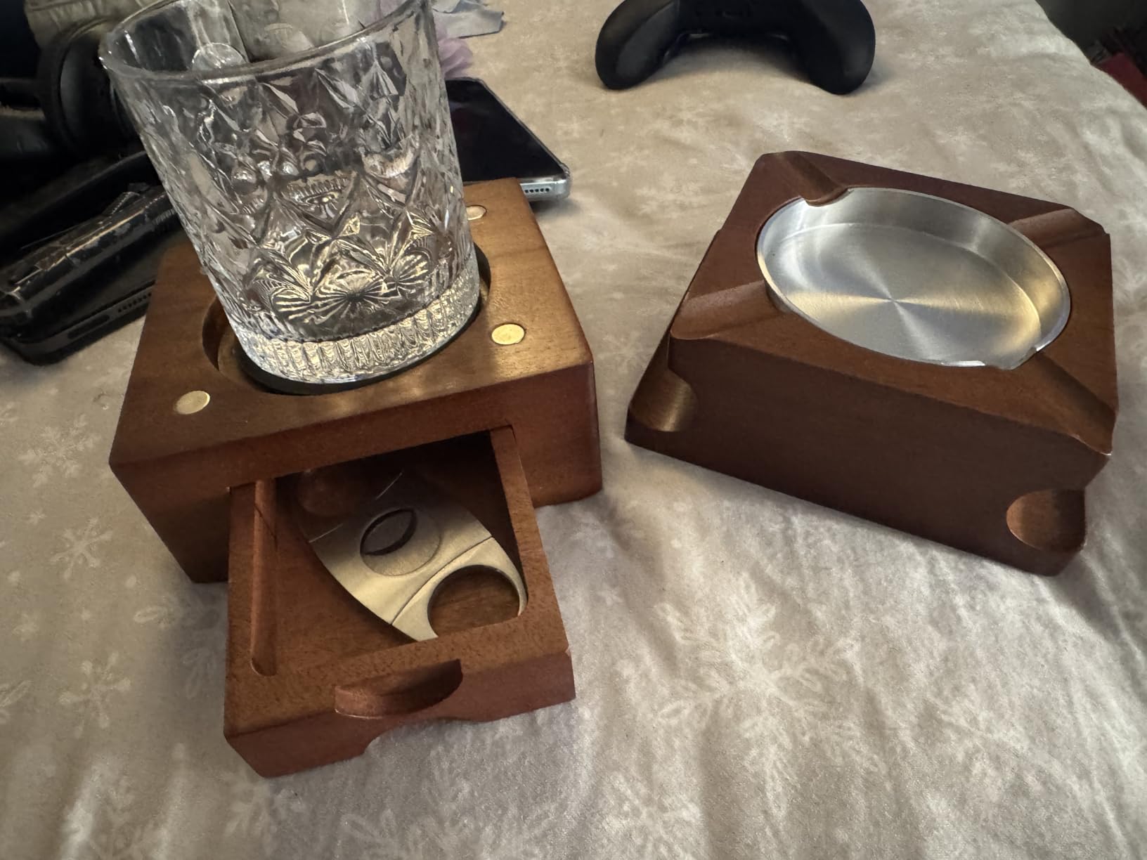 Premium Cigar Ashtray Gift Set for Men - Double Layer Solid Wood Tray with Whiskey Glass, Cigar Cutter & Waterproof Coaster, Complete Whiskey and Cigar Set, Business Gifts for Gentlemen customer photo 1