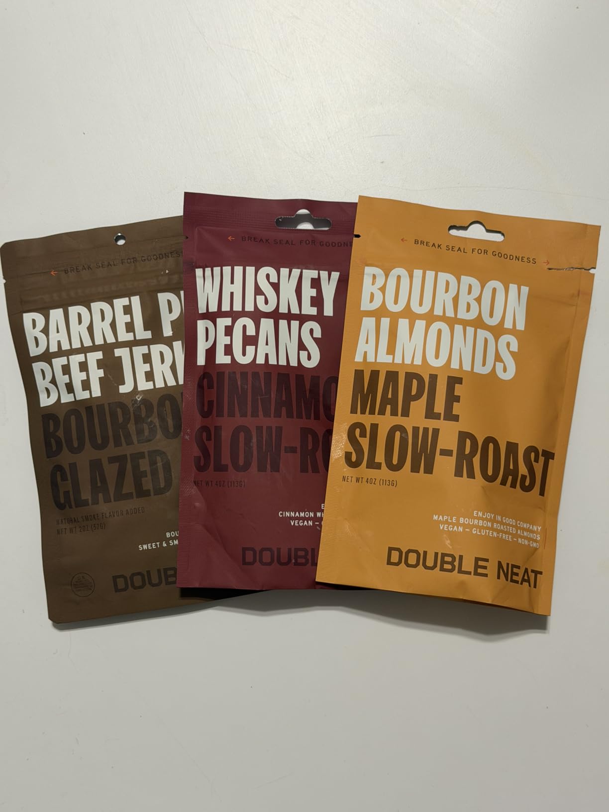 Double Neat Fathers Day Snack Gift Sets | Bourbon Flavored Snacks Variety Pack | Snacks Gifts for Men | Bourbon Glazed Beef Jerky, Cinnamon Whiskey Pecans, Almonds | Gift for Whiskey Lovers Men | 10oz, 3 Pack customer photo 1
