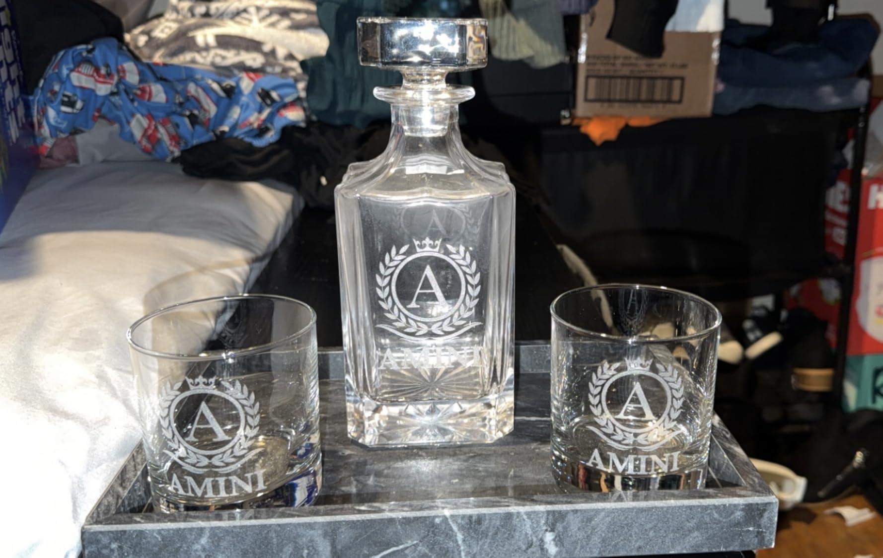 Personalized Whiskey Decanter Set with Glasses for Men - Custom Bourbon Decanter Sets 4 Designs - Laser Engraved Customized Whiskey Glasses - Personalized Whisky Bottle Groomsmen Gift customer photo 1