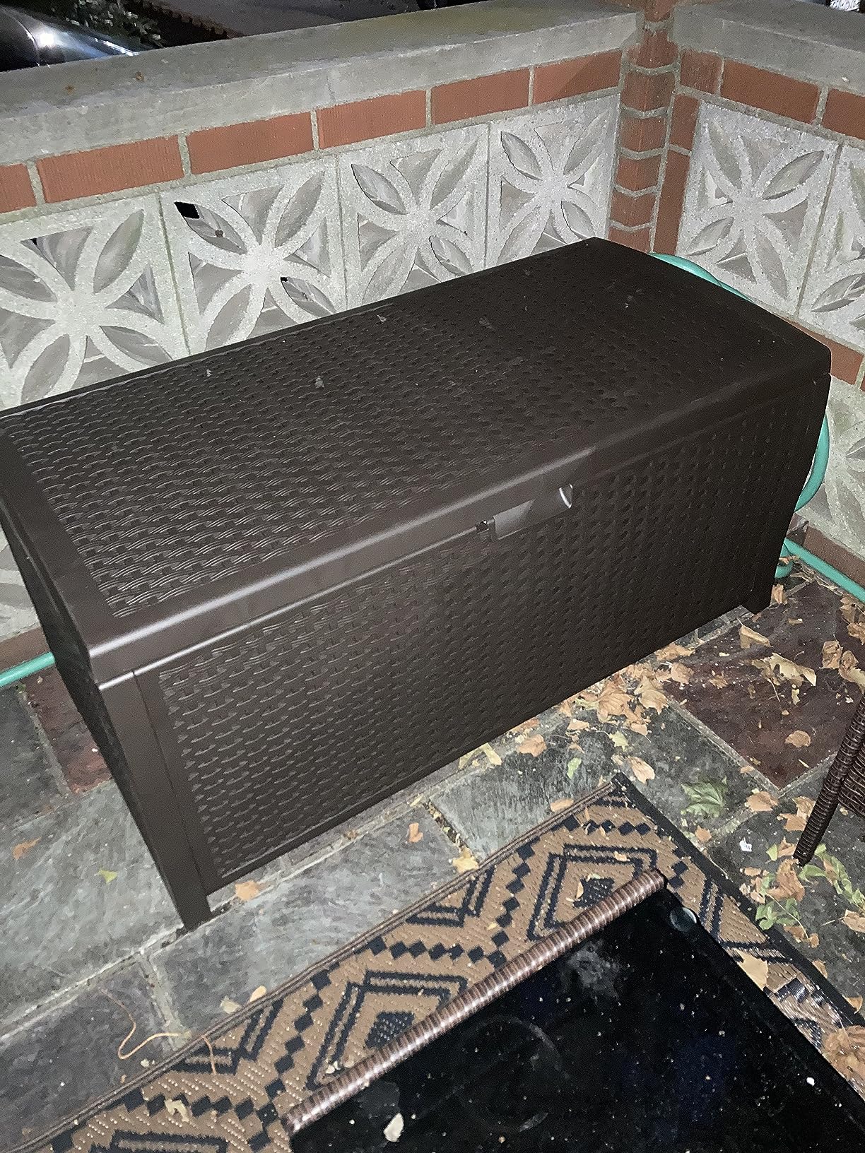 Suncast Outdoor Storage Box - 73 Gallon Mocha Brown Deck Box for Patio, Weather-Resistant Outdoor Storage Bench, Resin Wicker Style, Heavy-Duty, Lockable Lid for Cushions, Shoes, Pool & Garden Gear customer photo 2