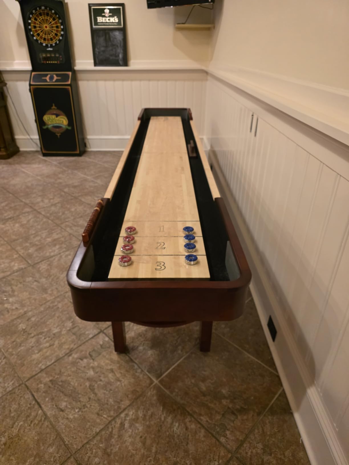 Hathaway Merlot 12 Foot Shuffleboard Table for Family Game Room - with Lacquer Coated Playfield, Built-in Scorer and Cabinet, Climate Adjusters, Leg Levelers, 8 Pucks, Brush, and Wax - Walnut Finish customer photo 1