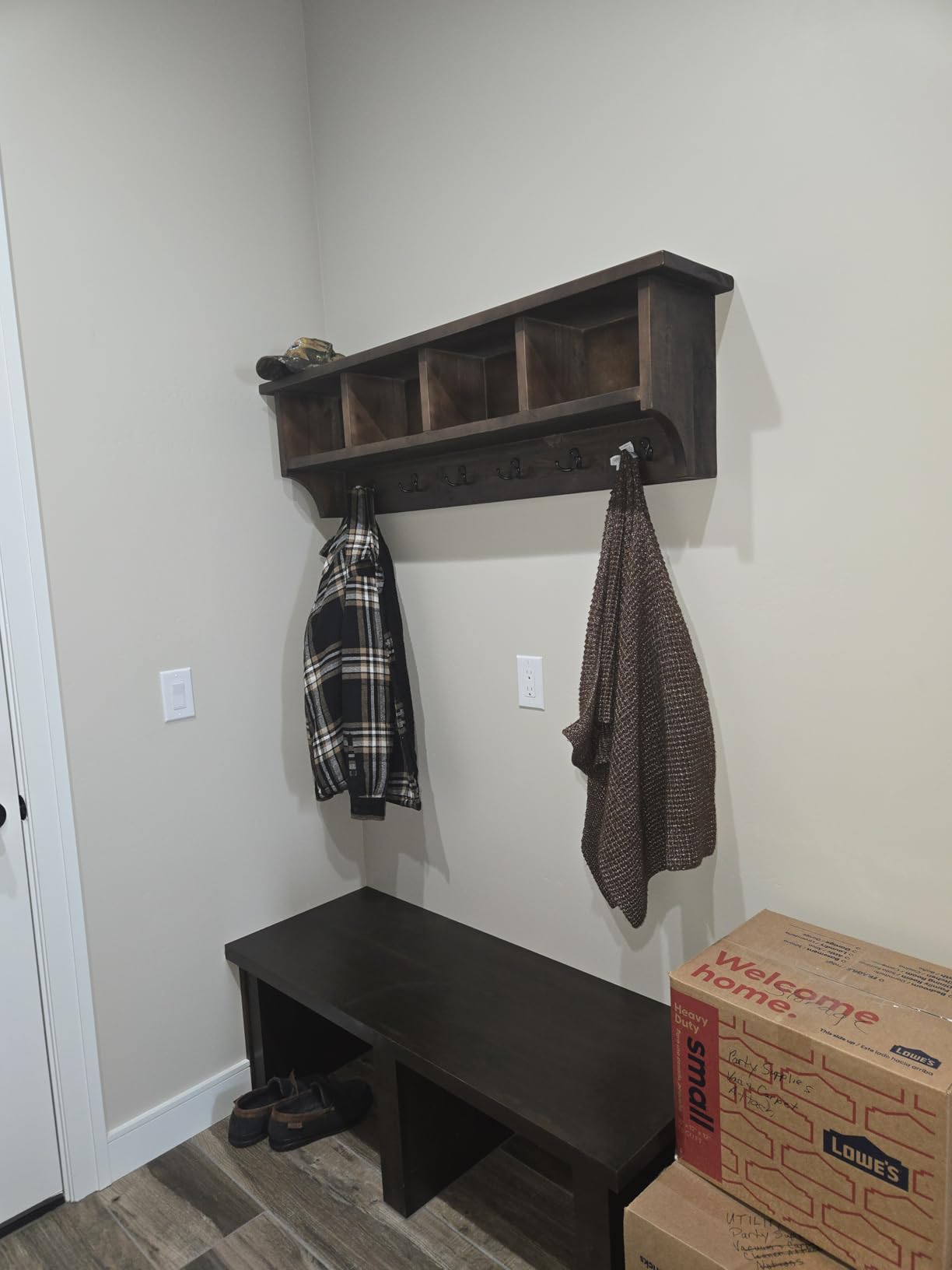 Alaterre Furniture Pomona Entryway Coat Rack - Rustic Farmhouse 48-Inch Wall-Mounted Coat Rack with 6 Double Hooks & 4 Open Cubbies - Solid Wood Mudroom Storage (Rustic Brown) customer photo 2