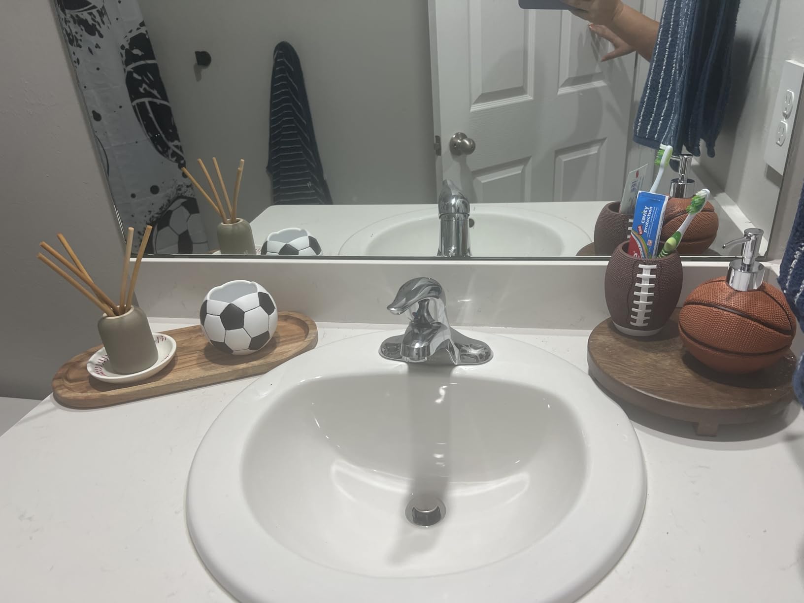 4-Piece Sports Bathroom Accessories Set Complete with Basketball Lotion/Soap Dispenser,Soccer Bath Cup/Tumbler,Base Ball Soap Dish,Football Toothbrush Holder customer photo 1