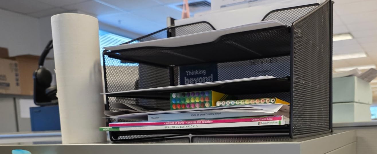 Samstar Desk File Organizer, Mesh Letter File Folder Holder with 3 Paper Trays and 2 Vertical Upright Section, for Office Supplies,Desk Accessories & Workspace,Black. customer photo 2