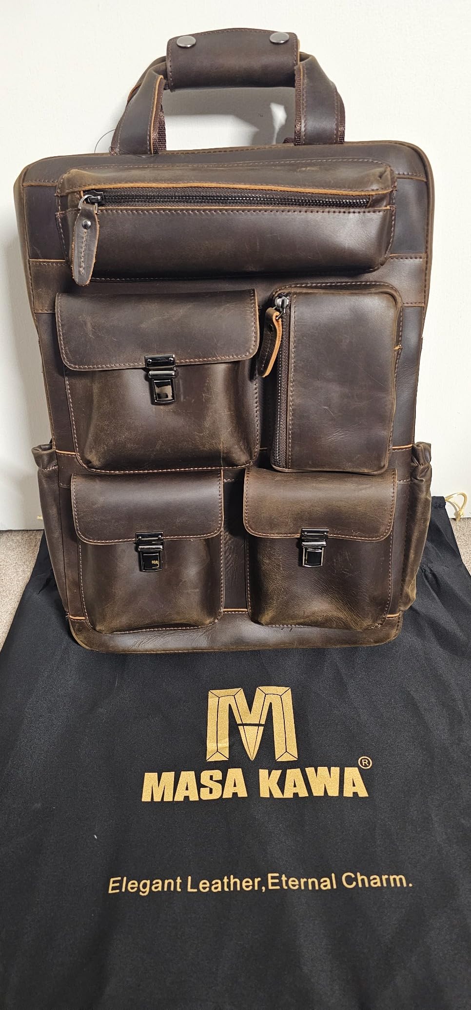 Masa Kawa Leather Backpack for Men Vintage 15.6 Inch Laptop Bag Multi Pockets Casual Travel Daypack Brown customer photo 1
