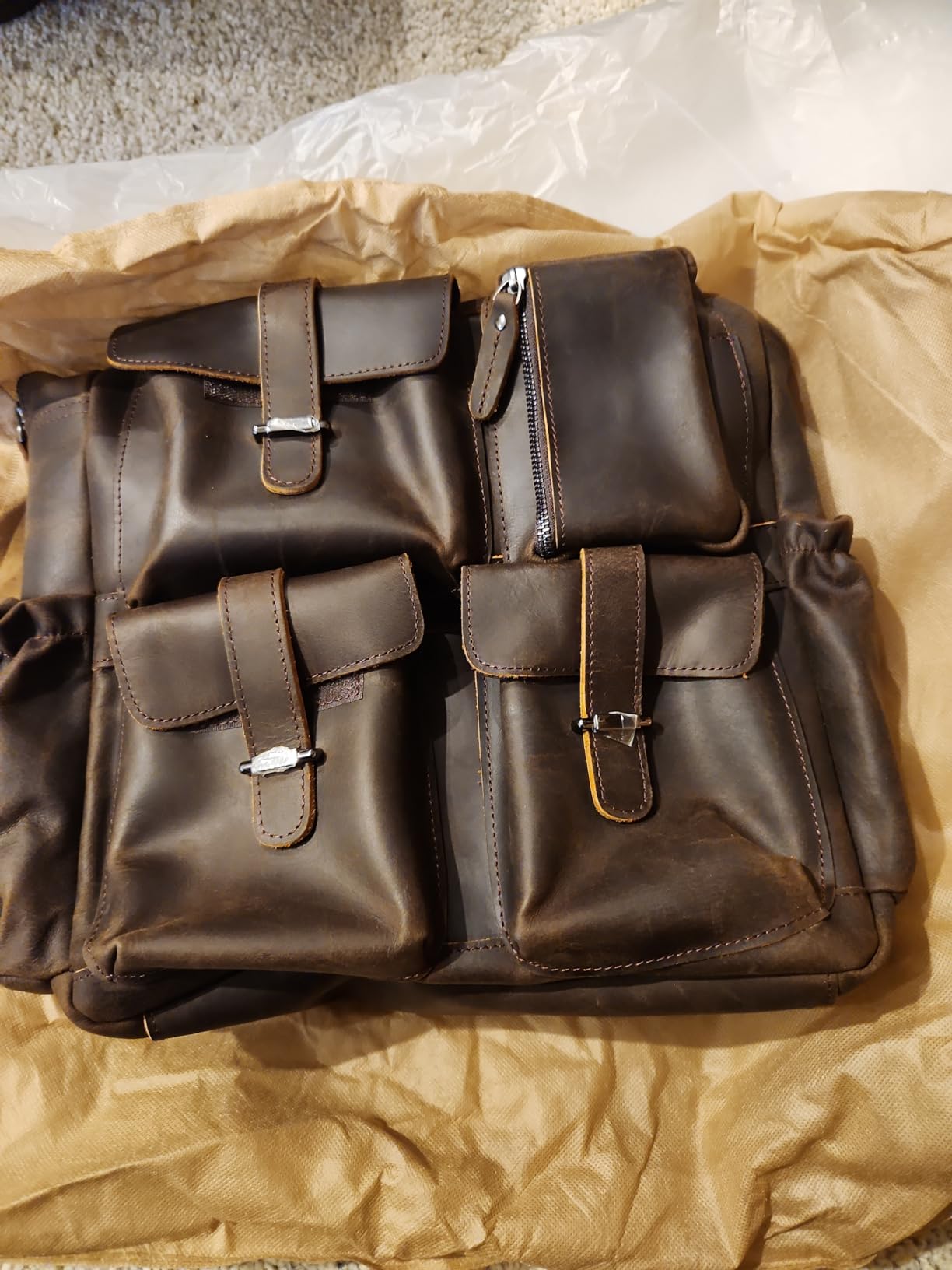 Masa Kawa Leather Backpack for Men Vintage 15.6 Inch Laptop Bag Multi Pockets Casual Travel Daypack Brown customer photo 2