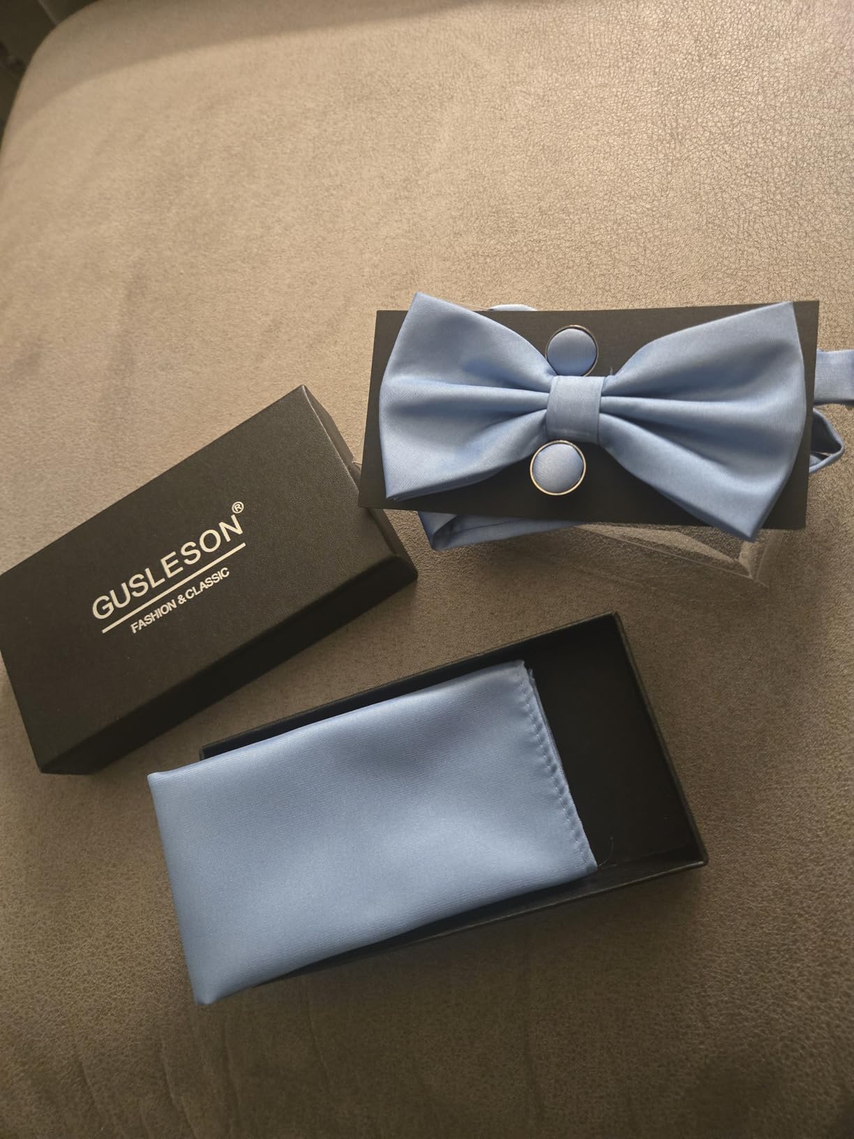 GUSLESON Mens Solid Color Double Fold Pre-tied Bow Tie and Pocket Square Cufflink Set with Gift Box customer photo 2
