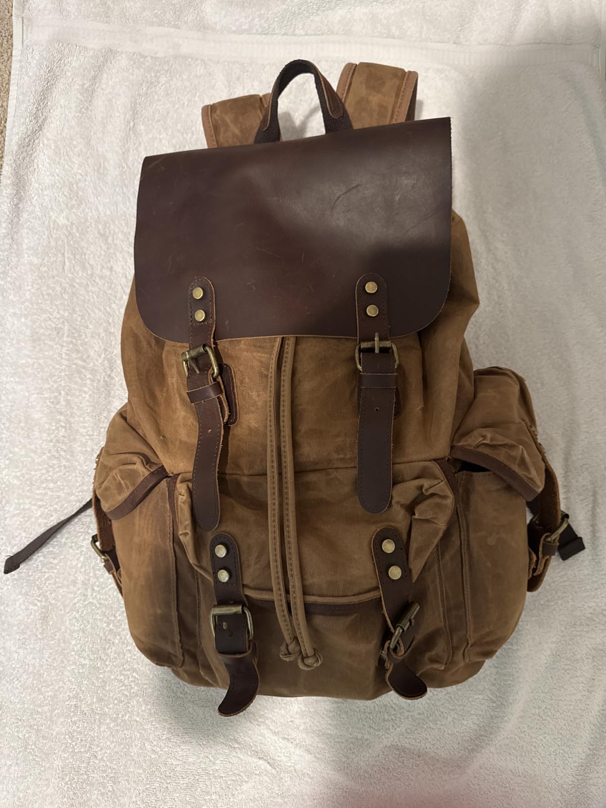 WUDON Leather Backpack for Men, Waxed Canvas Shoulder Rucksack Carry-On Travel Backpack customer photo 3