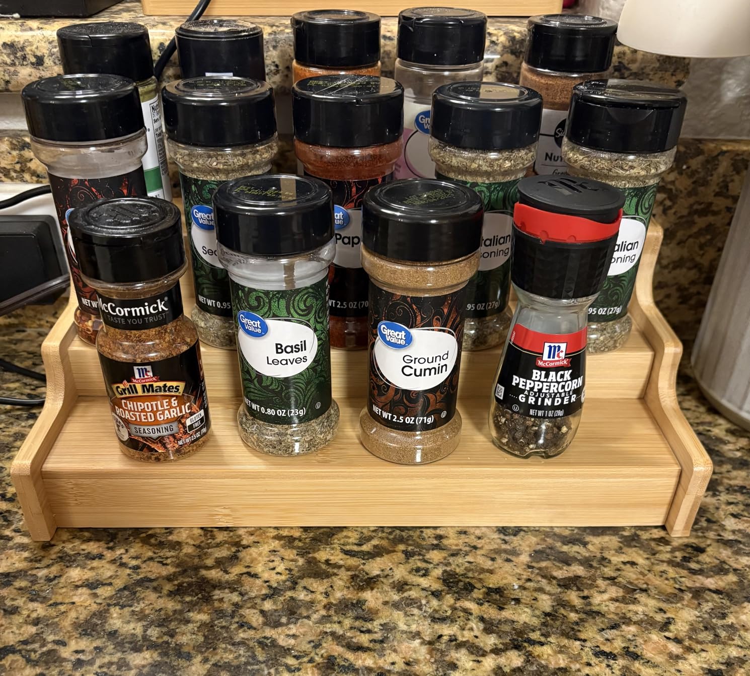 Spice Rack Kitchen Cabinet Organizer - 3 Tier Bamboo Expandable Display Shelf customer photo 1